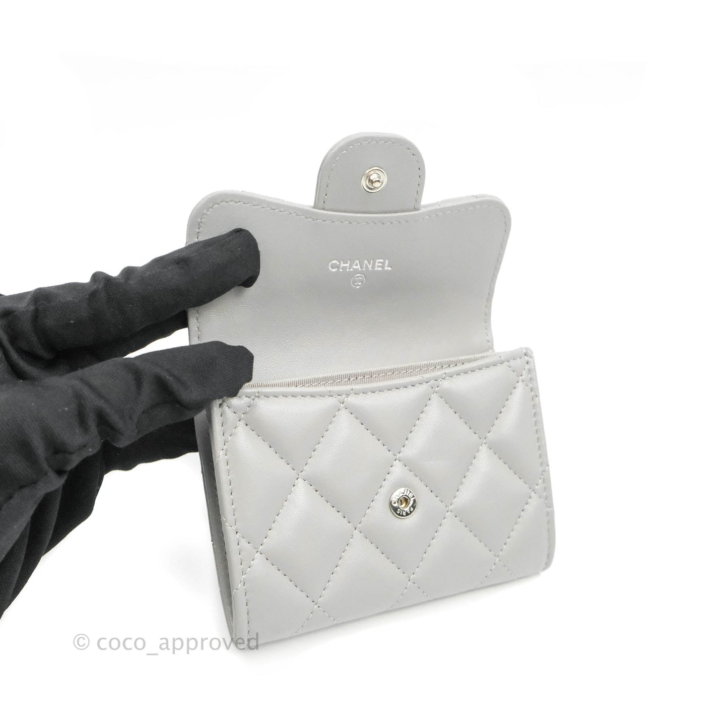 Chanel Quilted Small Flap Card Holder Grey Lambskin Silver Hardware