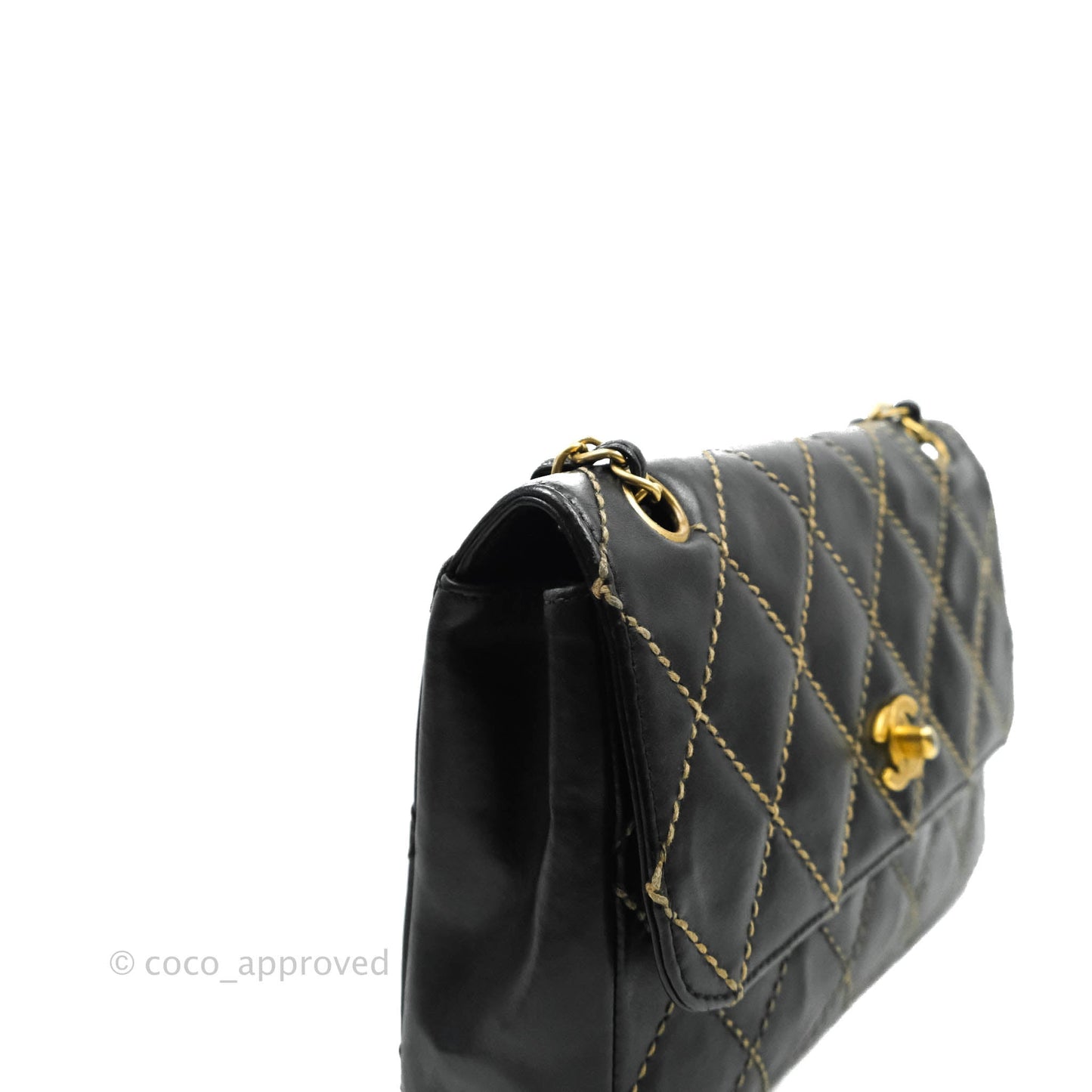 Chanel Vintage Medium Single Flap Contrast Stitching Black Calfskin Aged Gold Hardware