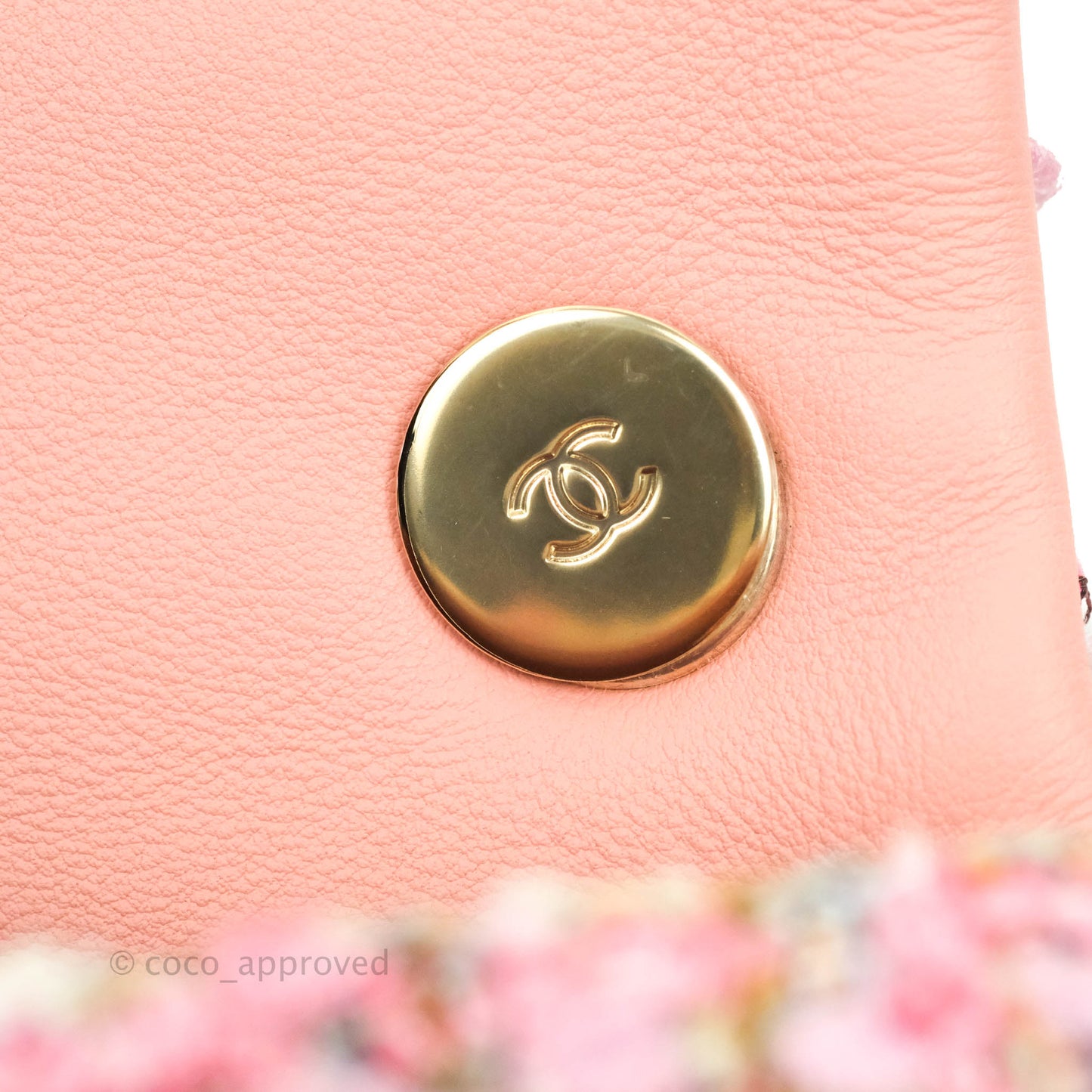 Chanel Small Pink Tweed Flap Bag With Large Pearl Handle Gold Hardware