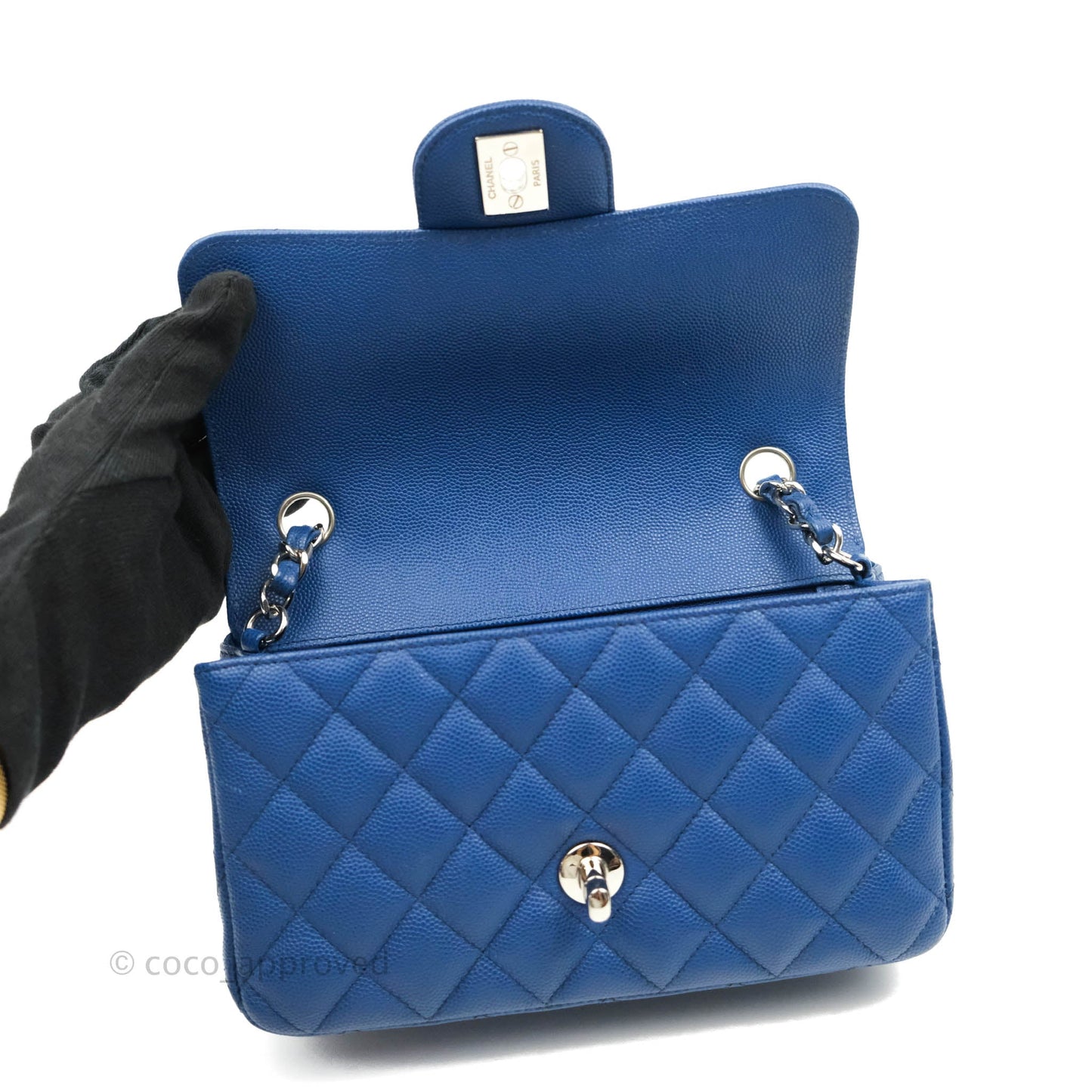 Chanel Quilted Mini Rectangular Flap Blue Caviar Silver Hardware