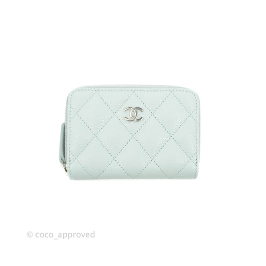 Chanel Classic Quilted Zipped Coin Purse Pale Mint Caviar Silver Hardware 21K