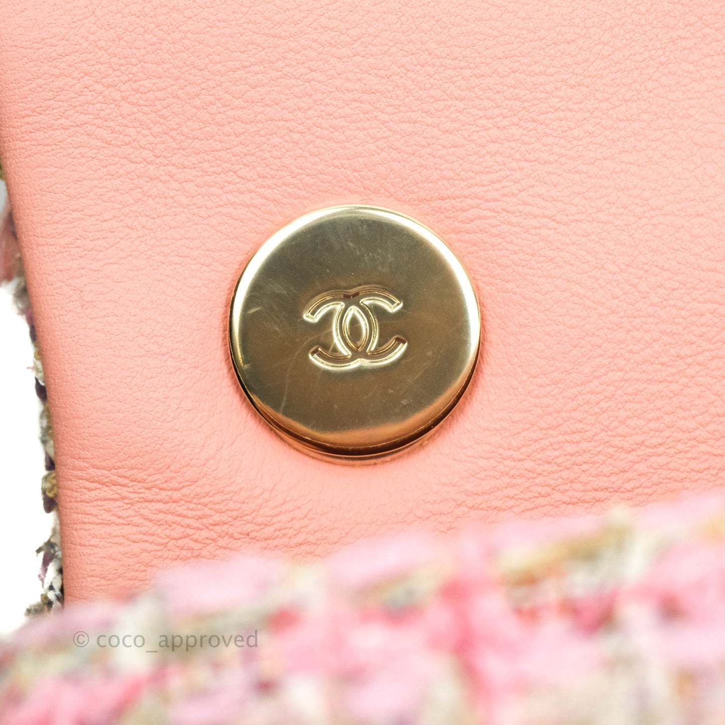 Chanel Small Pink Tweed Flap Bag With Large Pearl Handle Gold Hardware