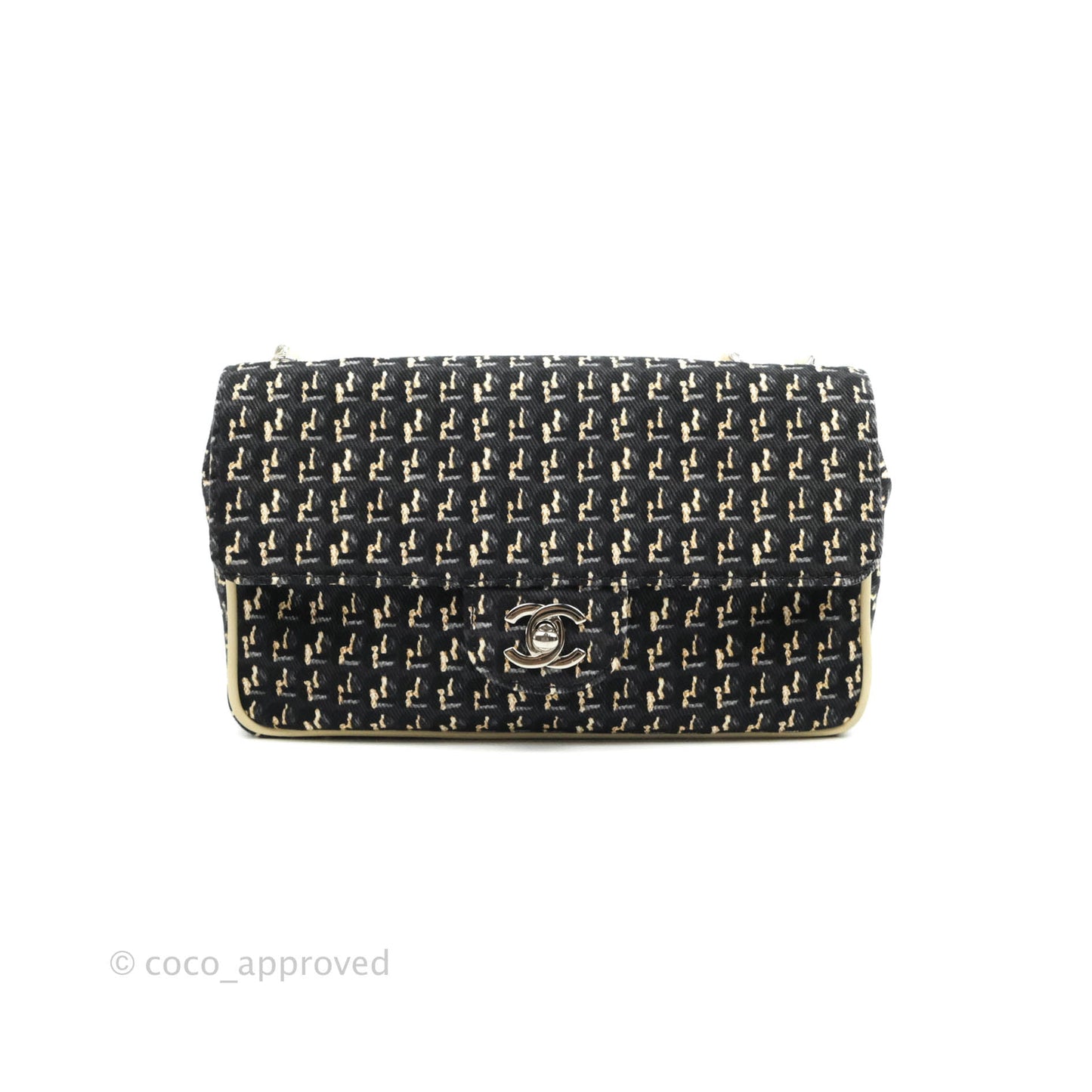 Chanel Small Print Beige Grey Denim Flap Bag Silver Hardware