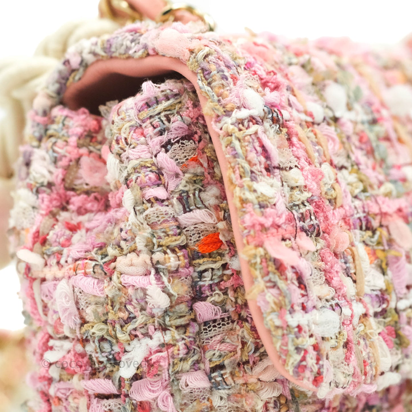 Chanel Small Pink Tweed Flap Bag With Large Pearl Handle Gold Hardware