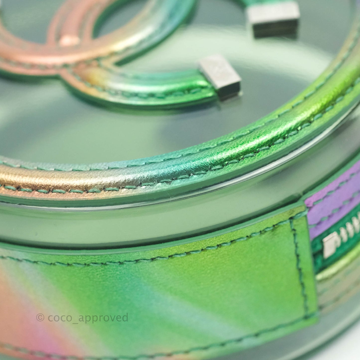 Chanel Filigree Rainbow Green PVC Round Clutch With Chain Silver Hardware 20C