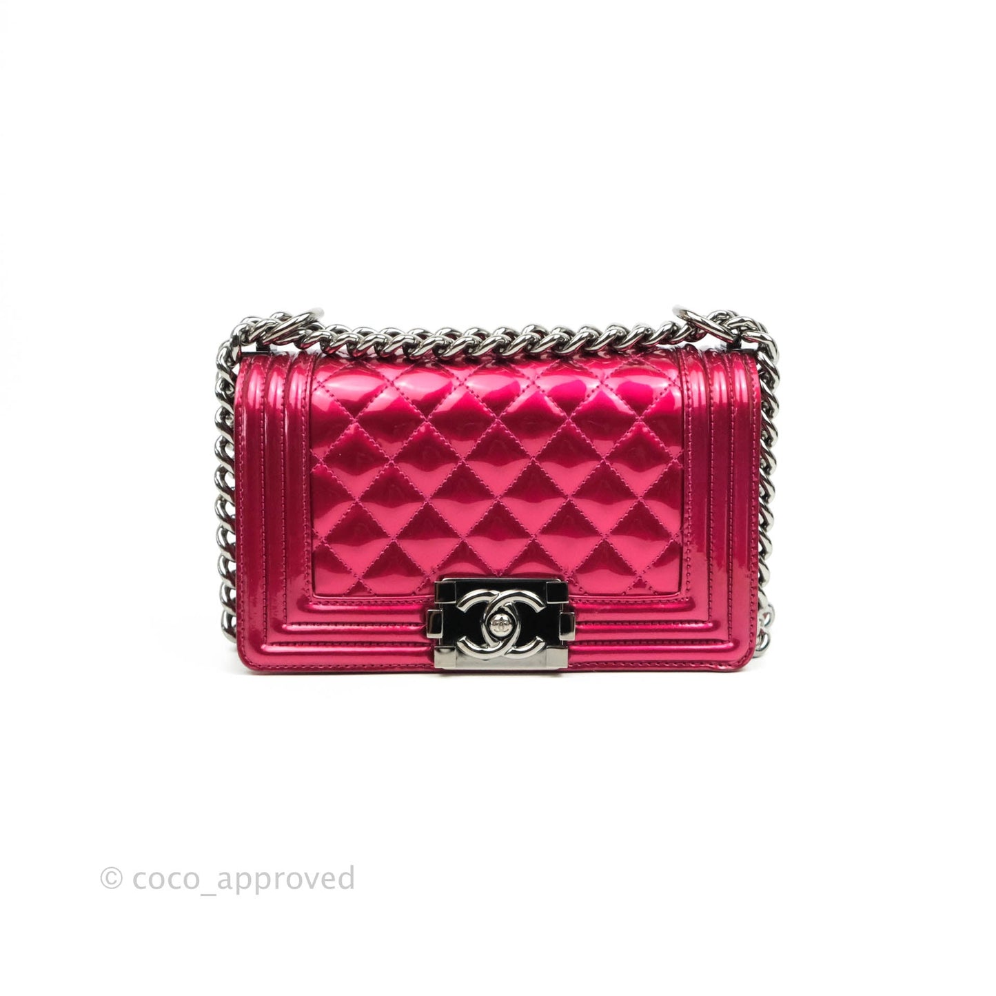 Chanel Quilted Small Boy Metallic Pink Patent & Lambskin Gun Metal