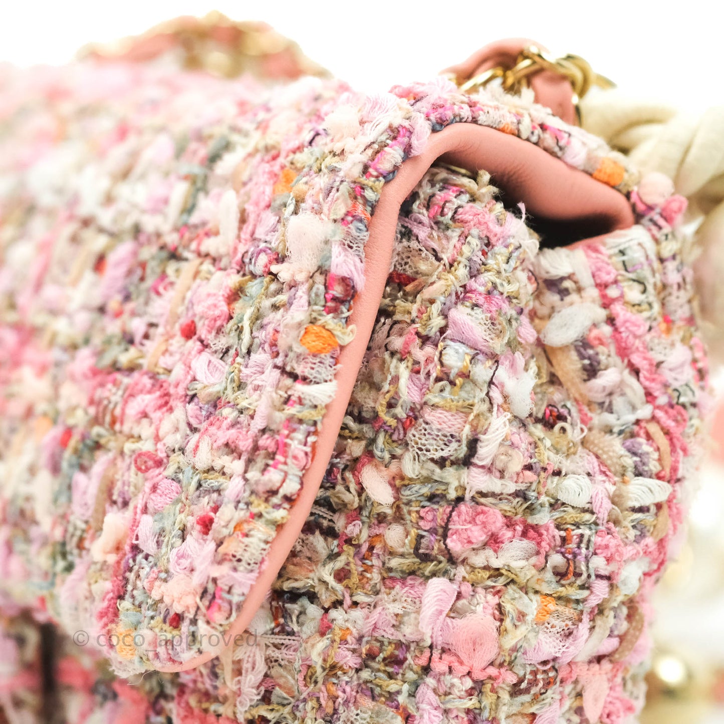 Chanel Small Pink Tweed Flap Bag With Large Pearl Handle Gold Hardware