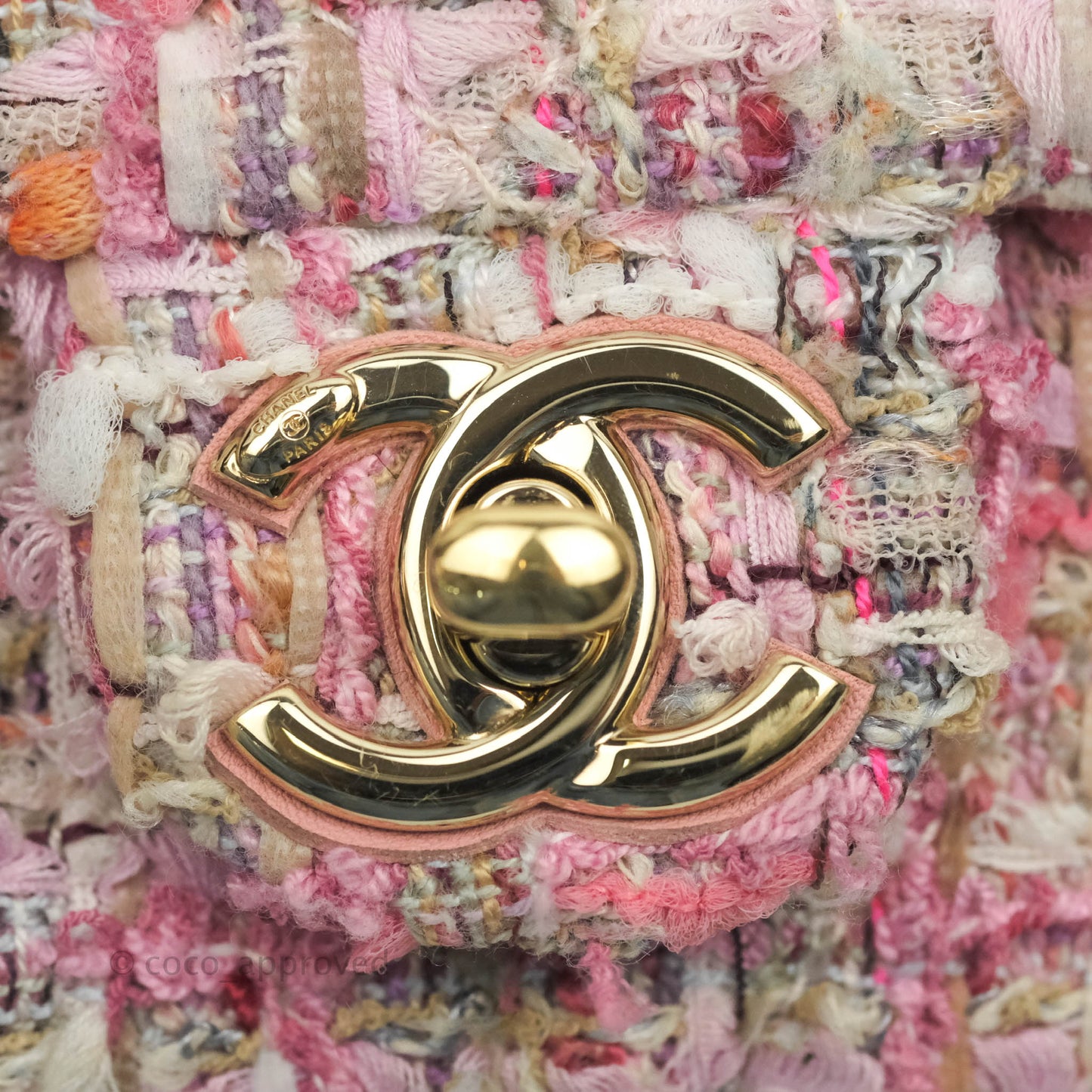 Chanel Small Pink Tweed Flap Bag With Large Pearl Handle Gold Hardware 19S