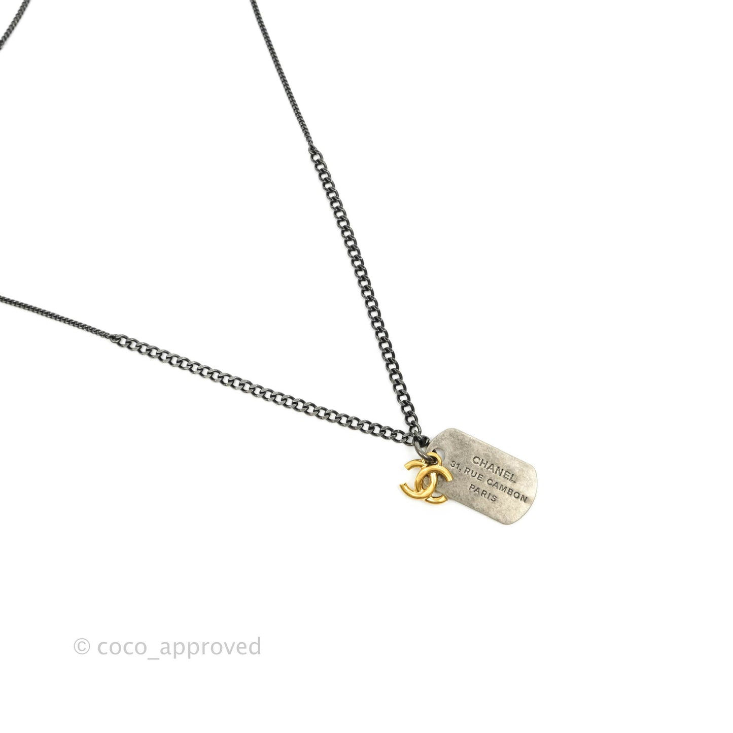 Chanel Aged Gold CC Plate Ruthenium Necklace 21P