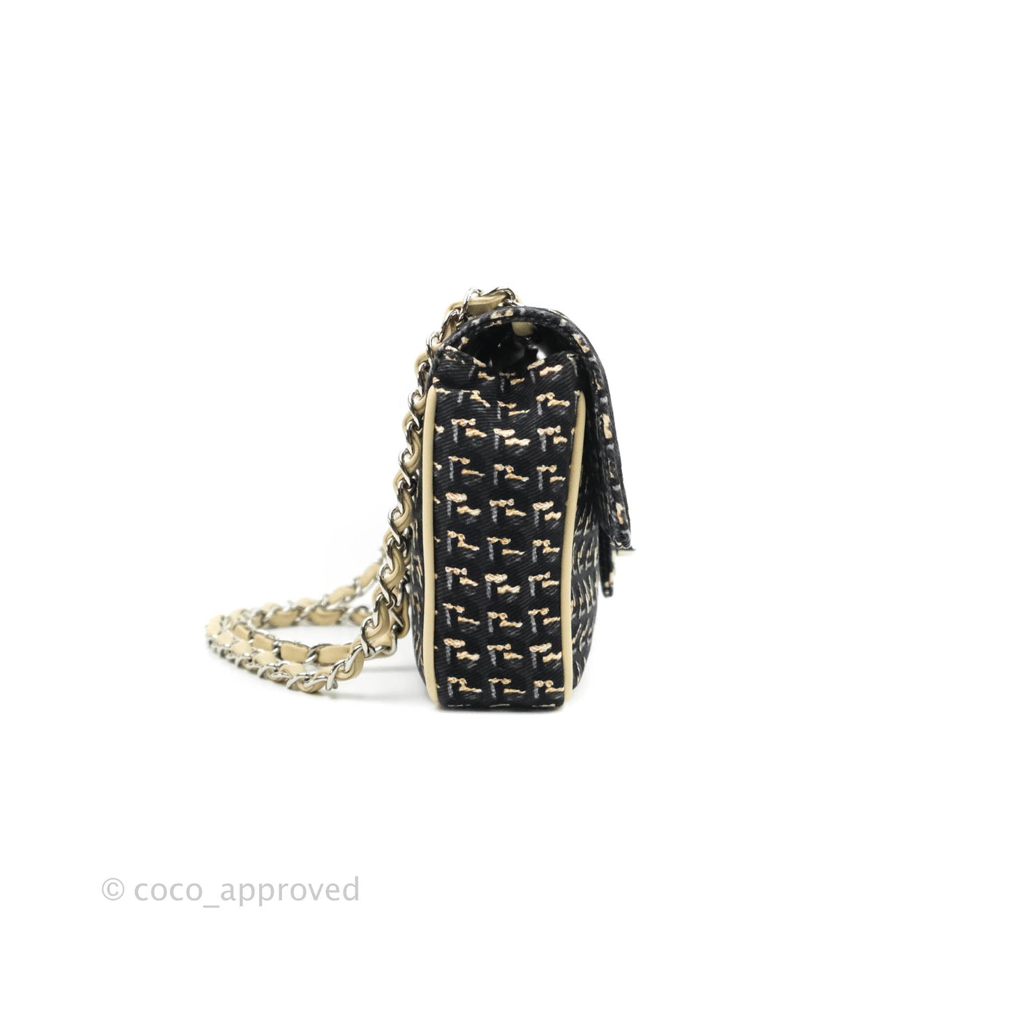 Chanel Small Print Beige Grey Denim Flap Bag Silver Hardware