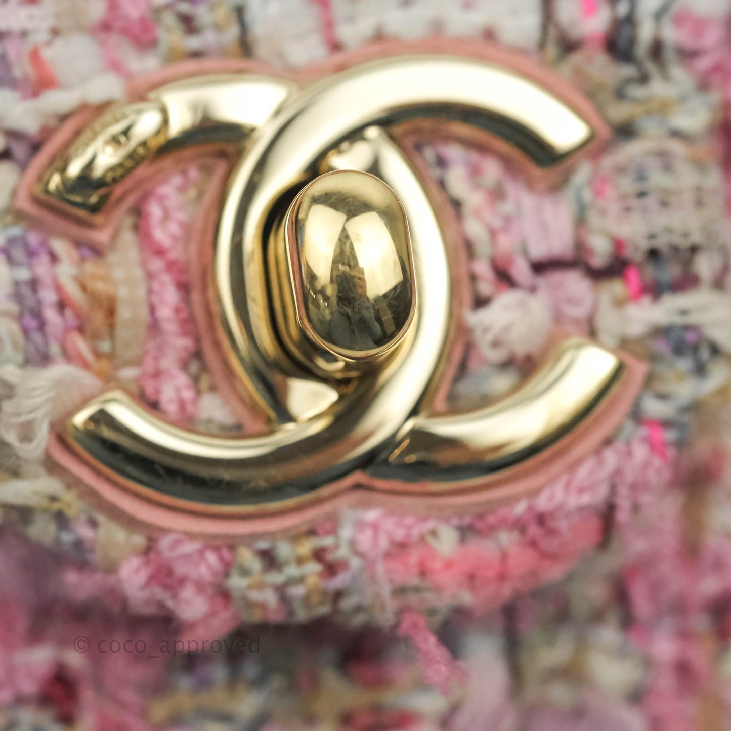 Chanel Small Pink Tweed Flap Bag With Large Pearl Handle Gold Hardware 19S