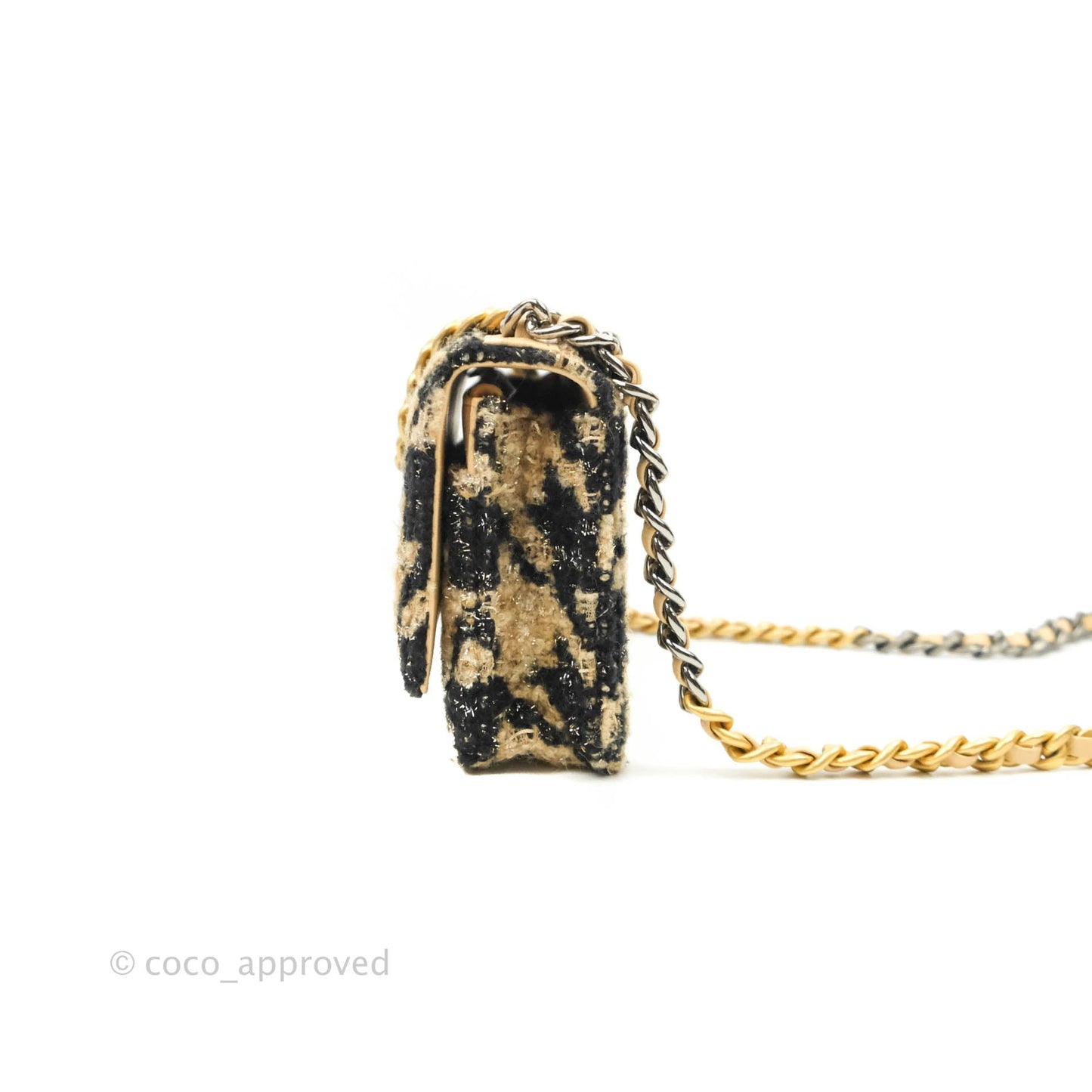 Chanel 19 Wallet On Chain WOC Houndstooth Beige Black Tweed Gold Hardware