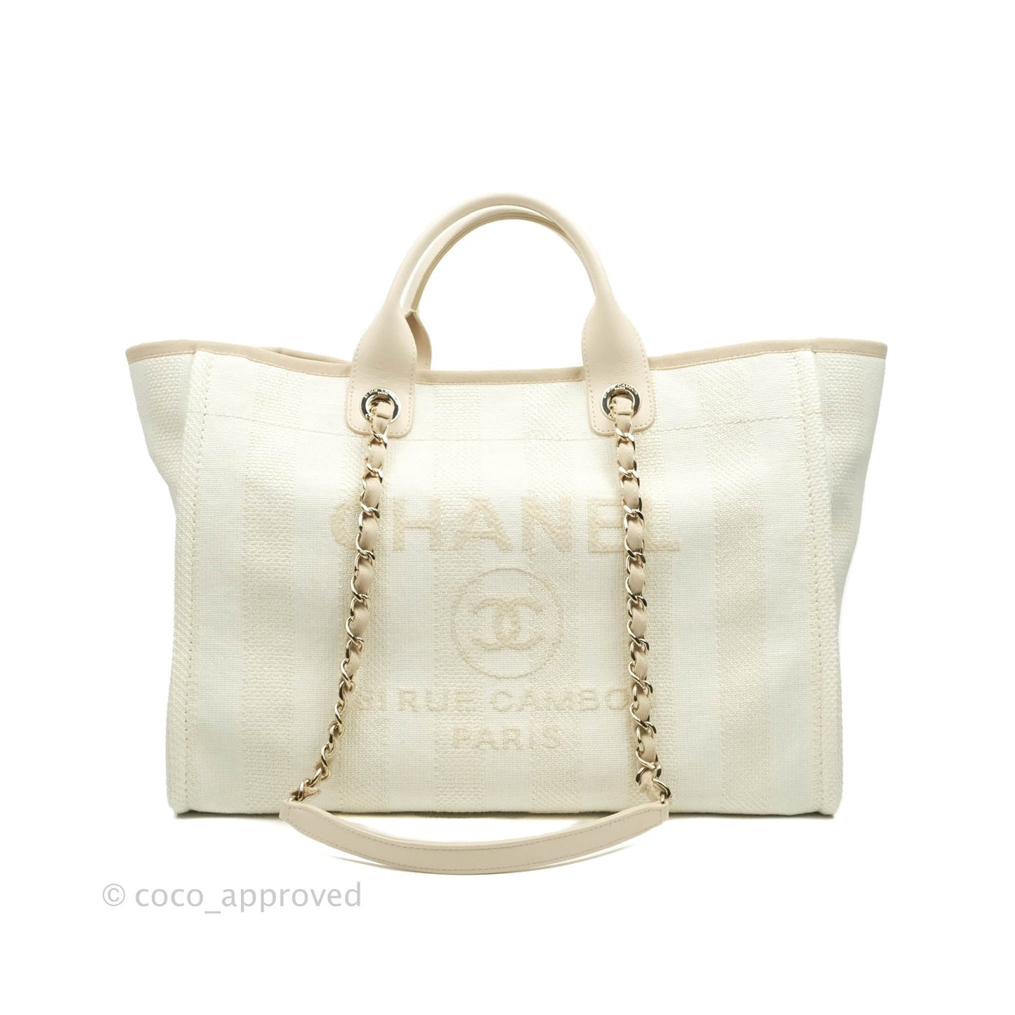 Chanel Large Deauville Light Beige Stripe Canvas Gold Hardware