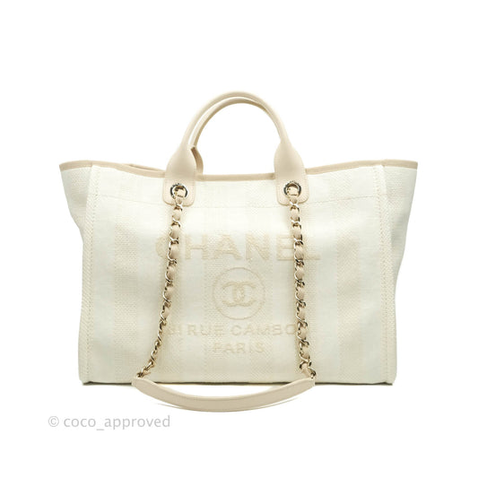 Chanel Large Deauville Light Beige Stripe Canvas Gold Hardware