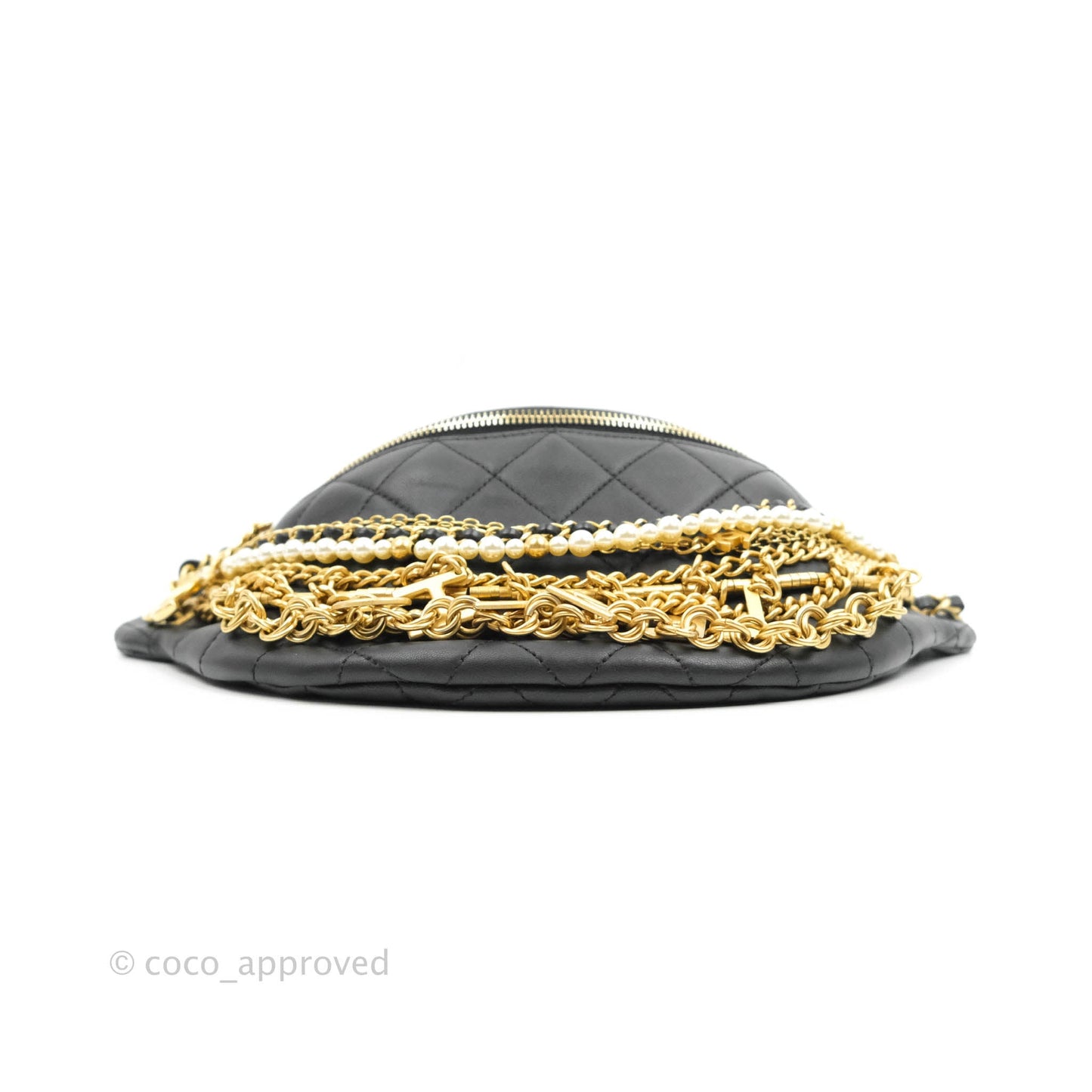 Chanel Quilted All About Chains Waist Belt Bag Black Lambskin Aged Gold Hardware