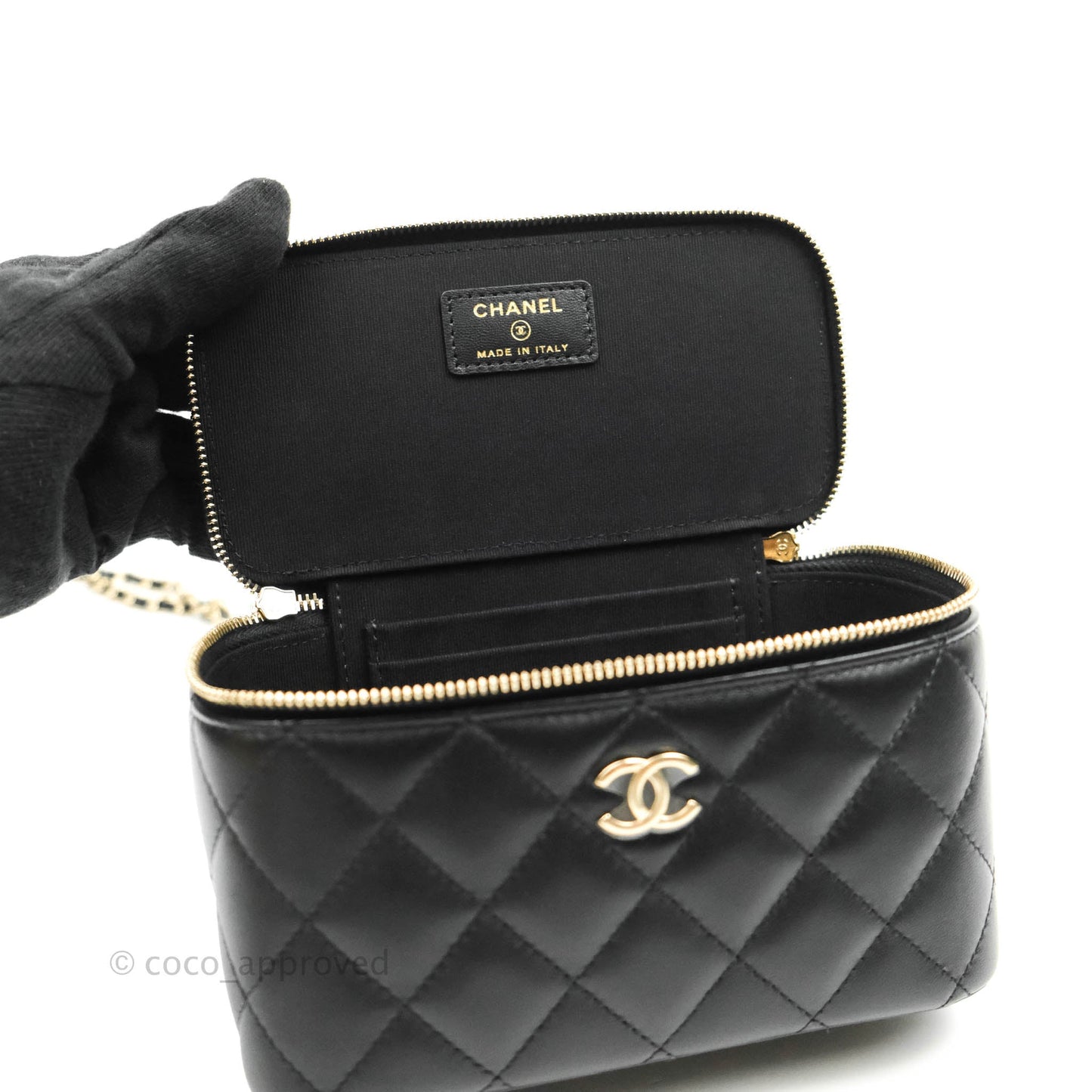 Chanel Classic Vanity Rectangular Top Handle With Chain Black Lambskin Gold Hardware