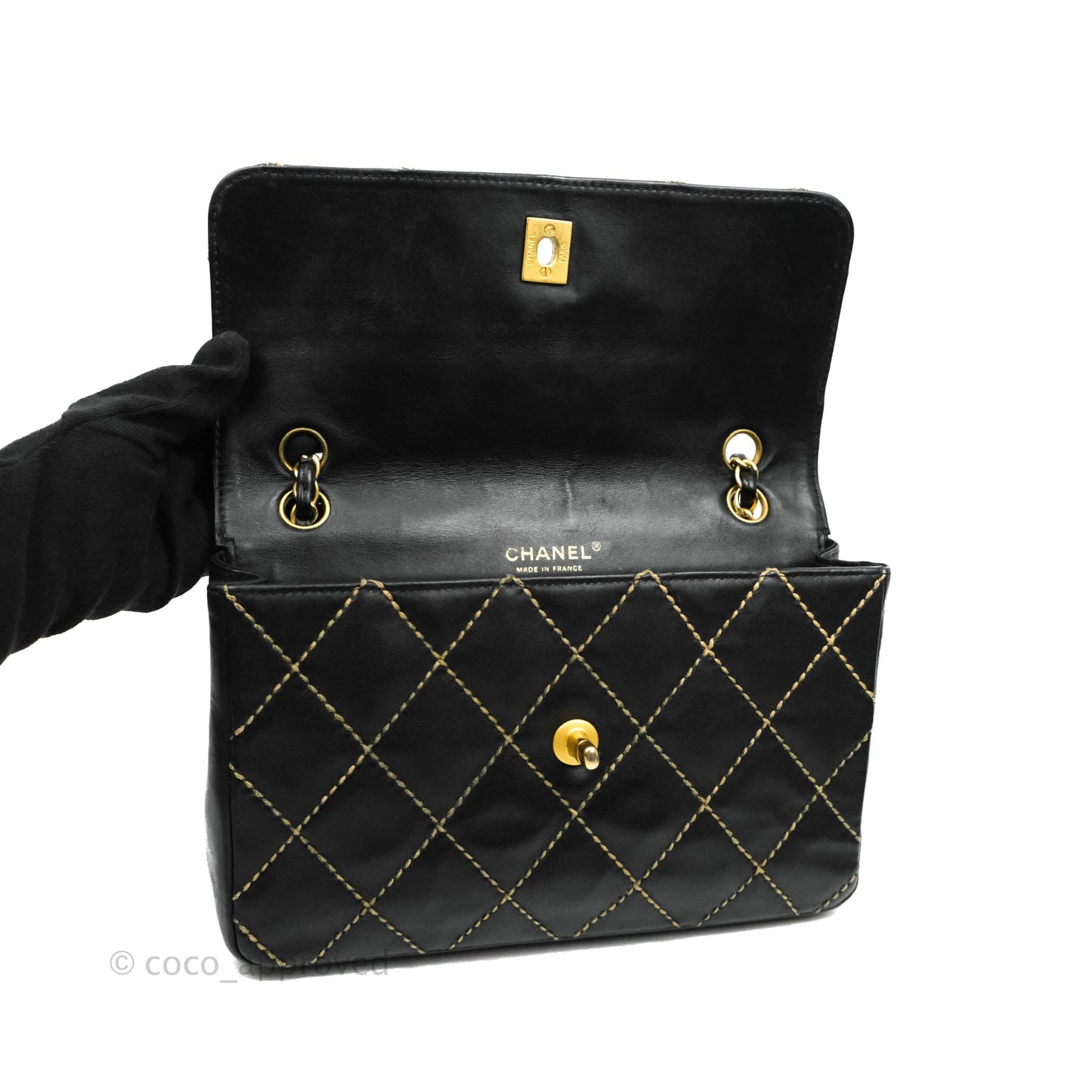 Chanel Vintage Medium Single Flap Contrast Stitching Black Calfskin Aged Gold Hardware