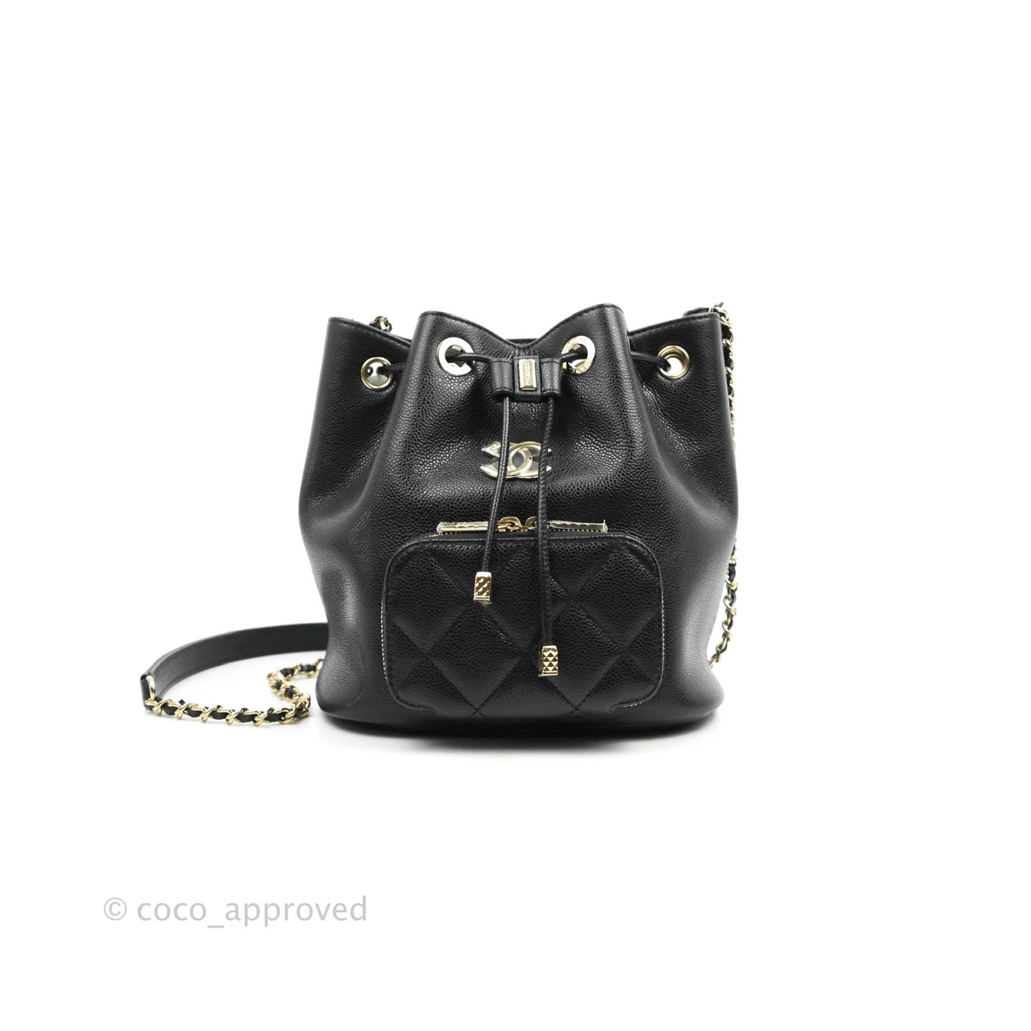 Chanel Business Affinity Drawstring Bucket Bag Black Caviar Gold Hardware 21P