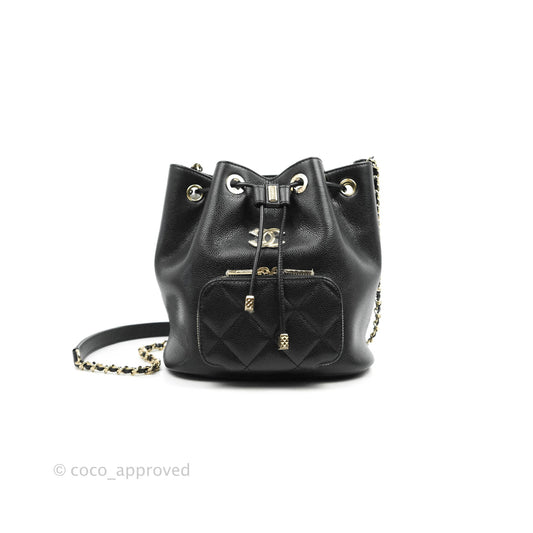 Chanel Business Affinity Drawstring Bucket Bag Black Caviar Gold Hardware 21P