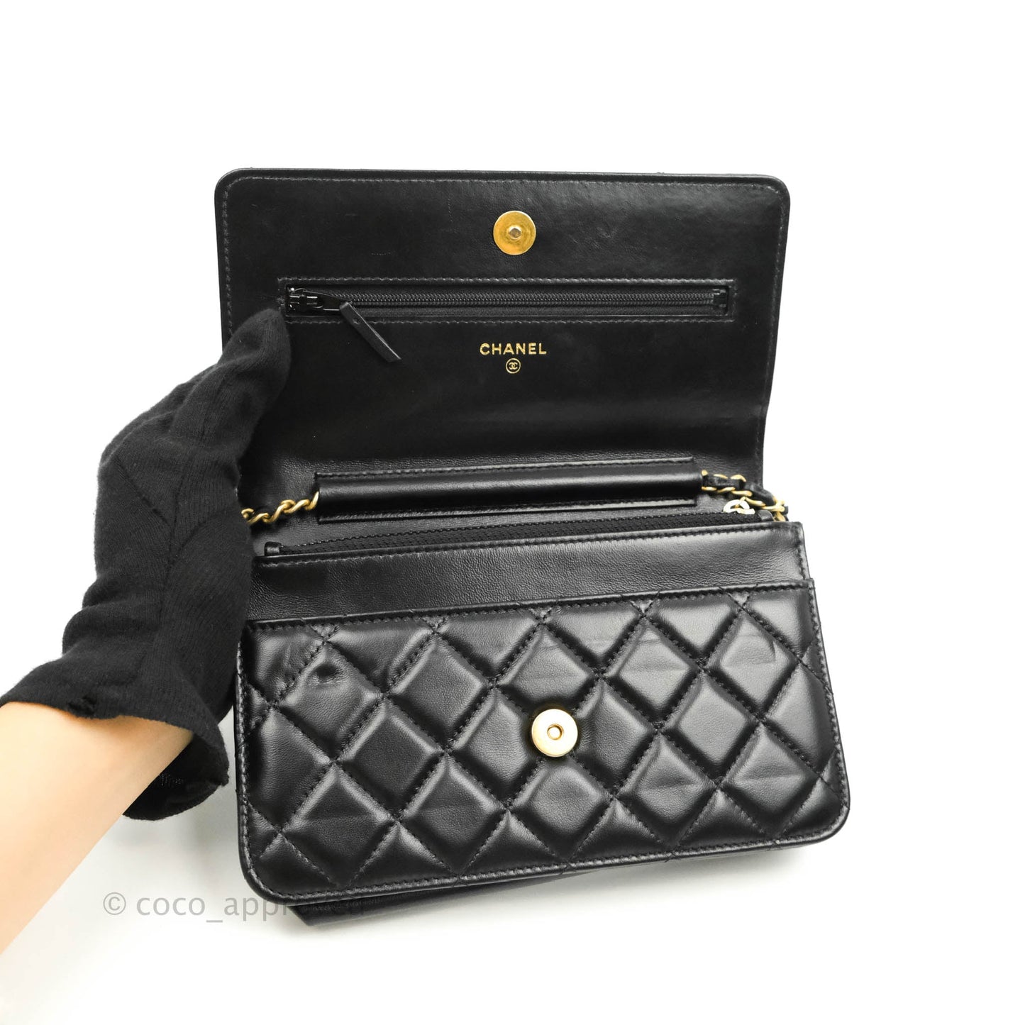 Chanel Quilted Wallet on Chain WOC Chain Around Black Lambskin Aged Gold Hardware