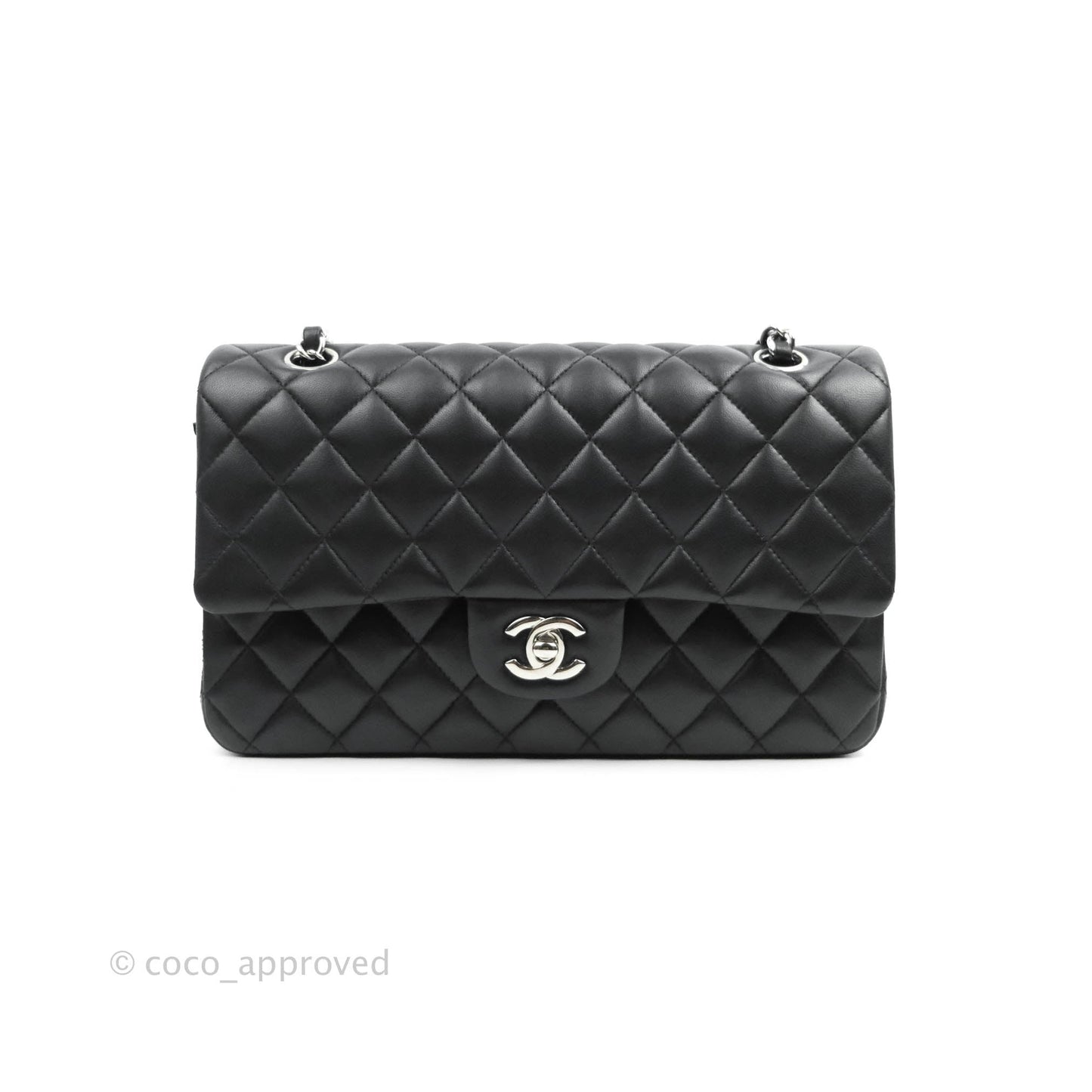 Chanel Classic M/L Medium Double Flap Black Lambskin Silver Hardware