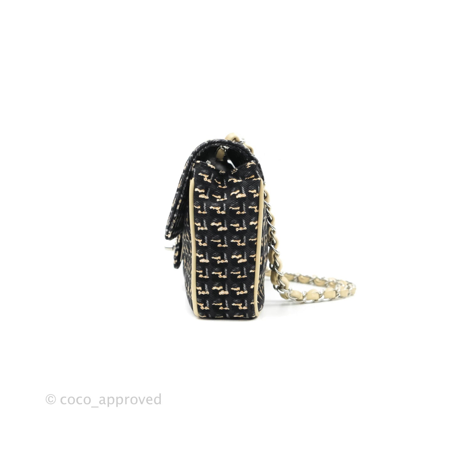 Chanel Small Print Beige Grey Denim Flap Bag Silver Hardware