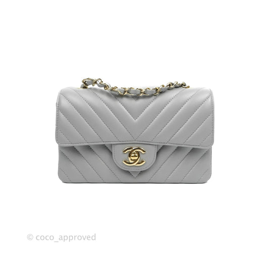 Chanel Chevron Mini Rectangular Flap Grey Lambskin Gold Hardware 20S
