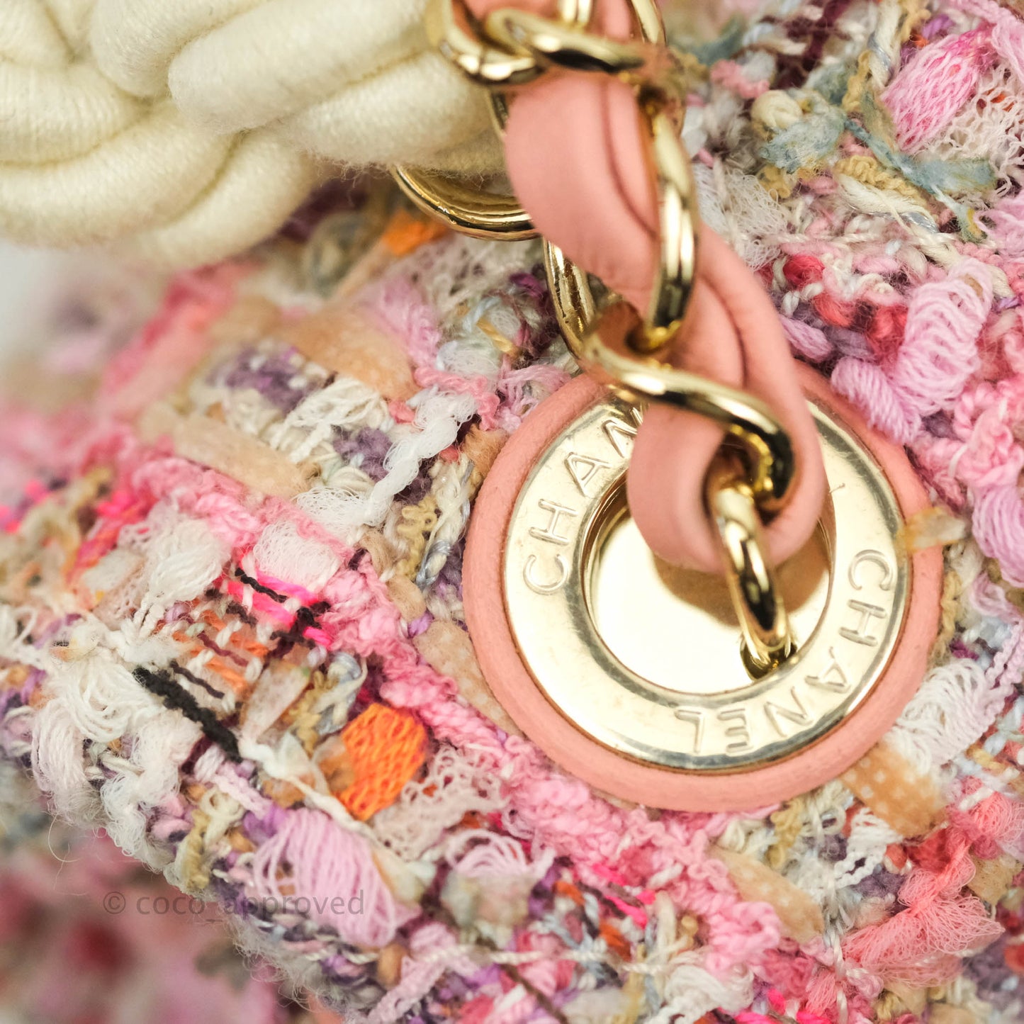 Chanel Small Pink Tweed Flap Bag With Large Pearl Handle Gold Hardware