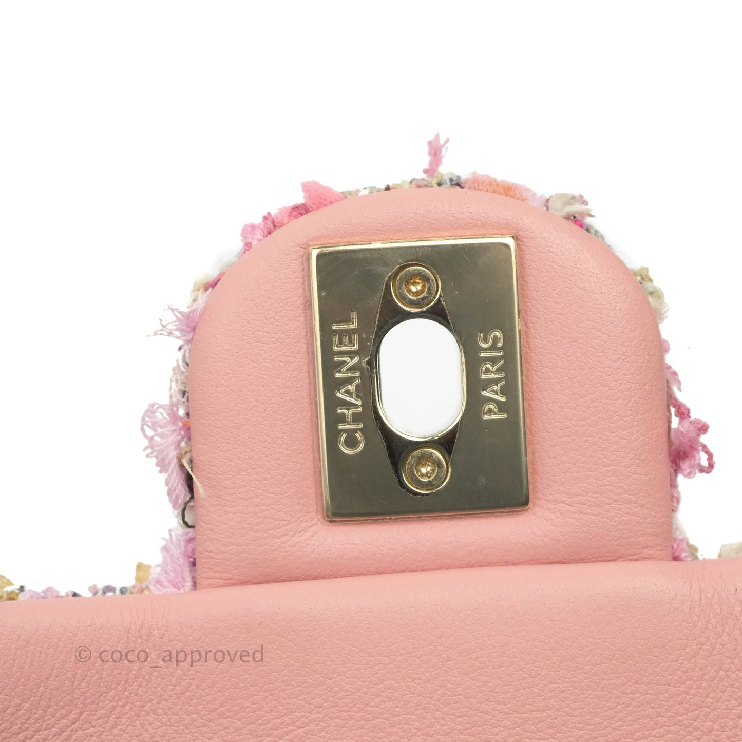 Chanel Small Pink Tweed Flap Bag With Large Pearl Handle Gold Hardware 19S