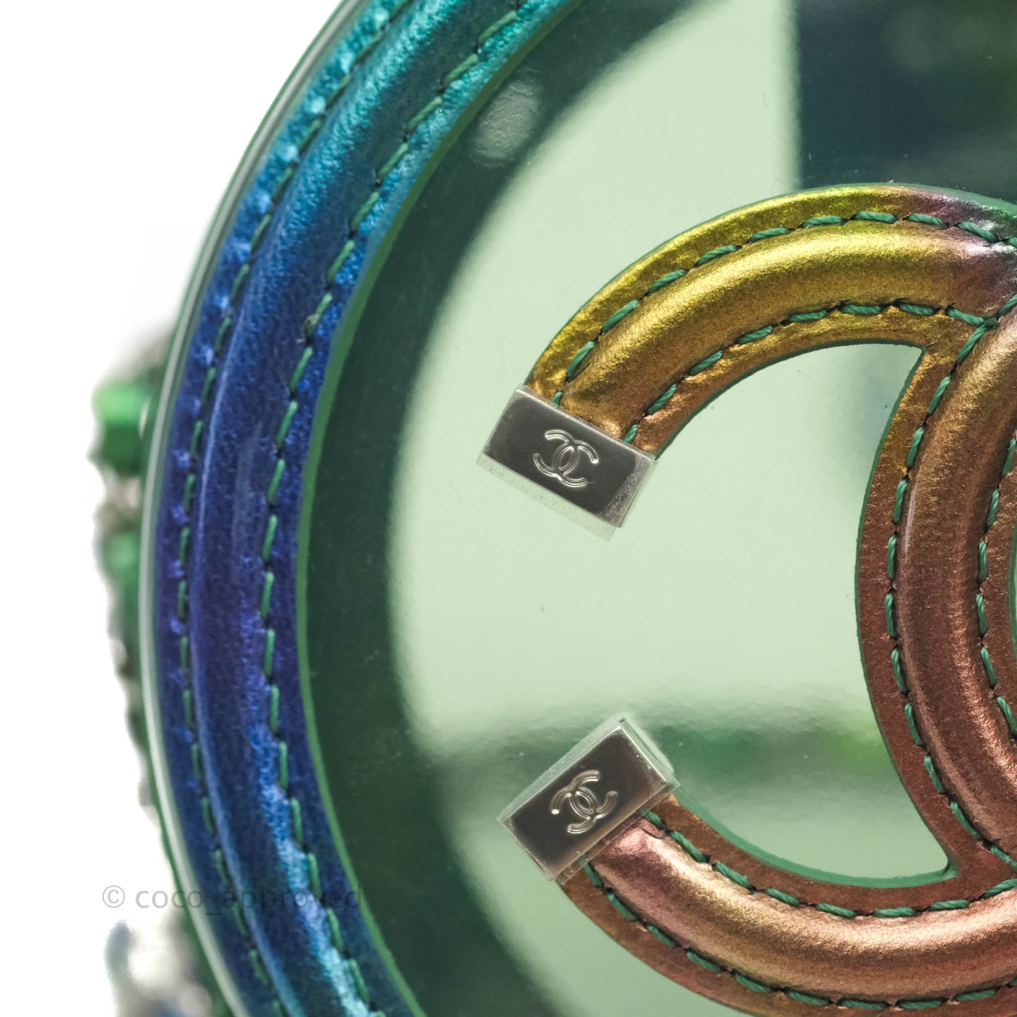 Chanel Filigree Rainbow Green PVC Round Clutch With Chain Silver Hardware 20C