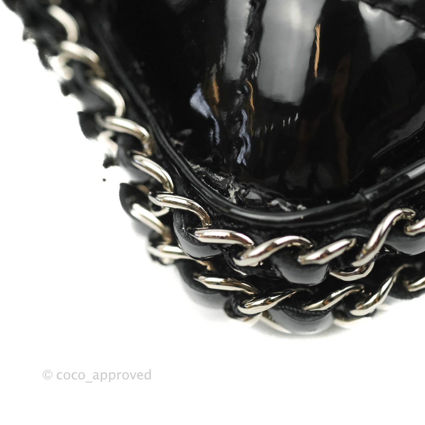 Chanel Quilted Chain Around Clutch Black Patent Silver Hardware