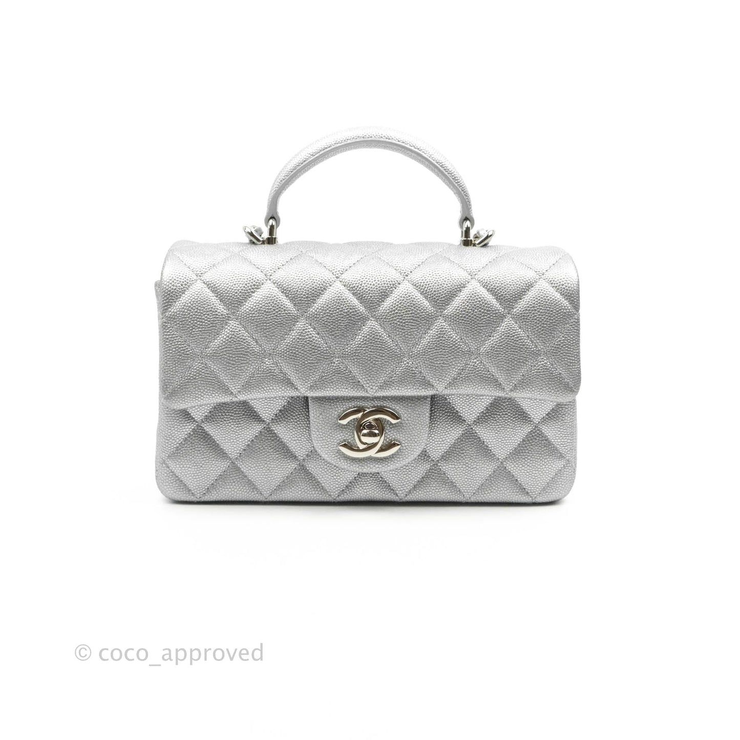 Chanel Top Handle Mini Rectangular Flap Bag Silver Caviar Silver Hardware