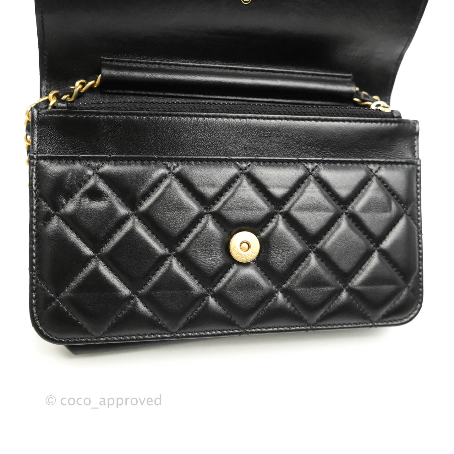Chanel Quilted Wallet on Chain WOC Chain Around Black Lambskin Aged Gold Hardware