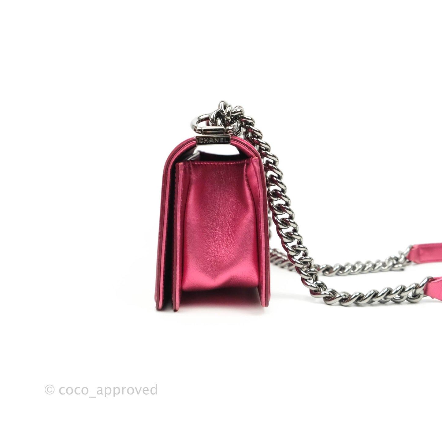 Chanel Quilted Small Boy Metallic Pink Patent & Lambskin Gun Metal