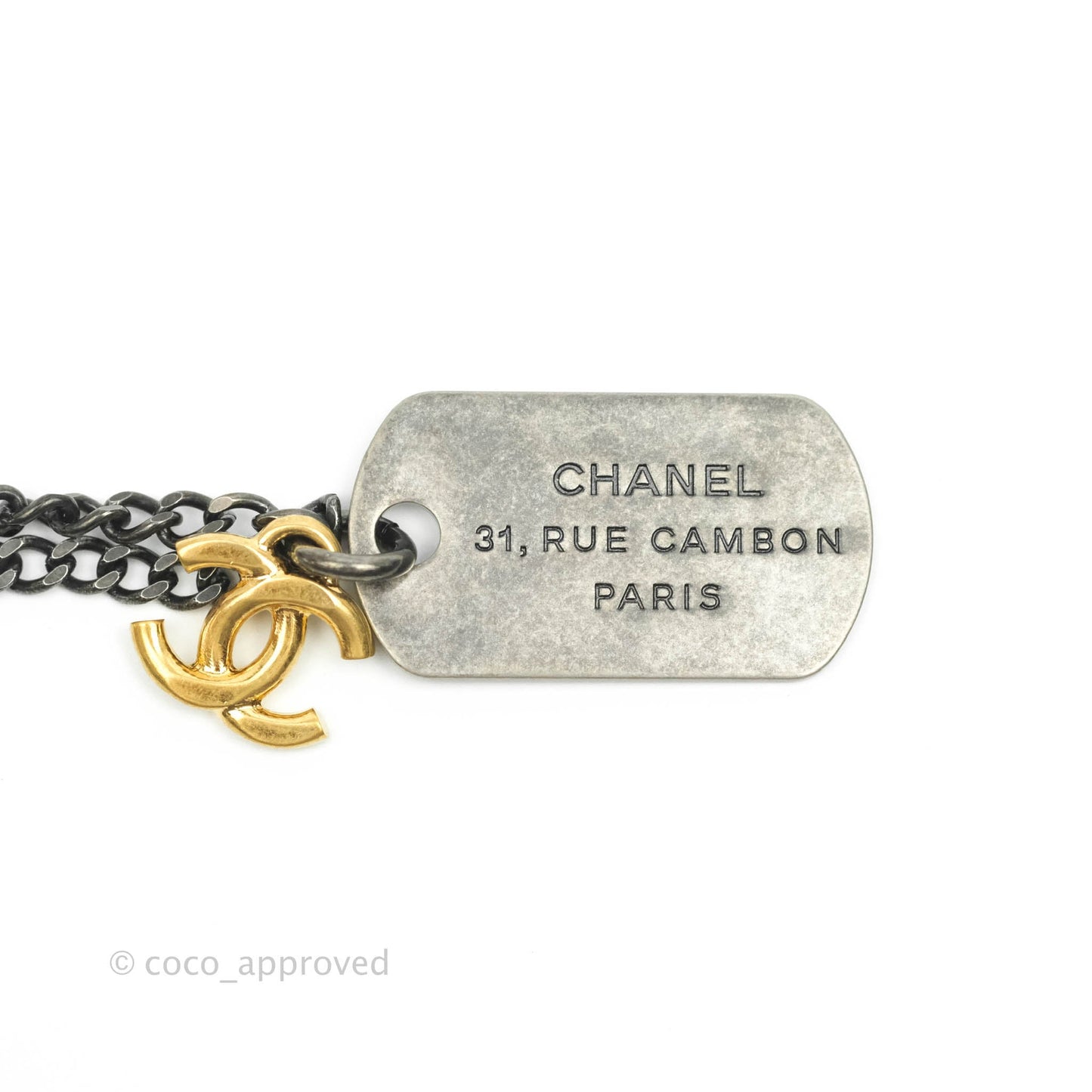 Chanel Aged Gold CC Plate Ruthenium Necklace 21P
