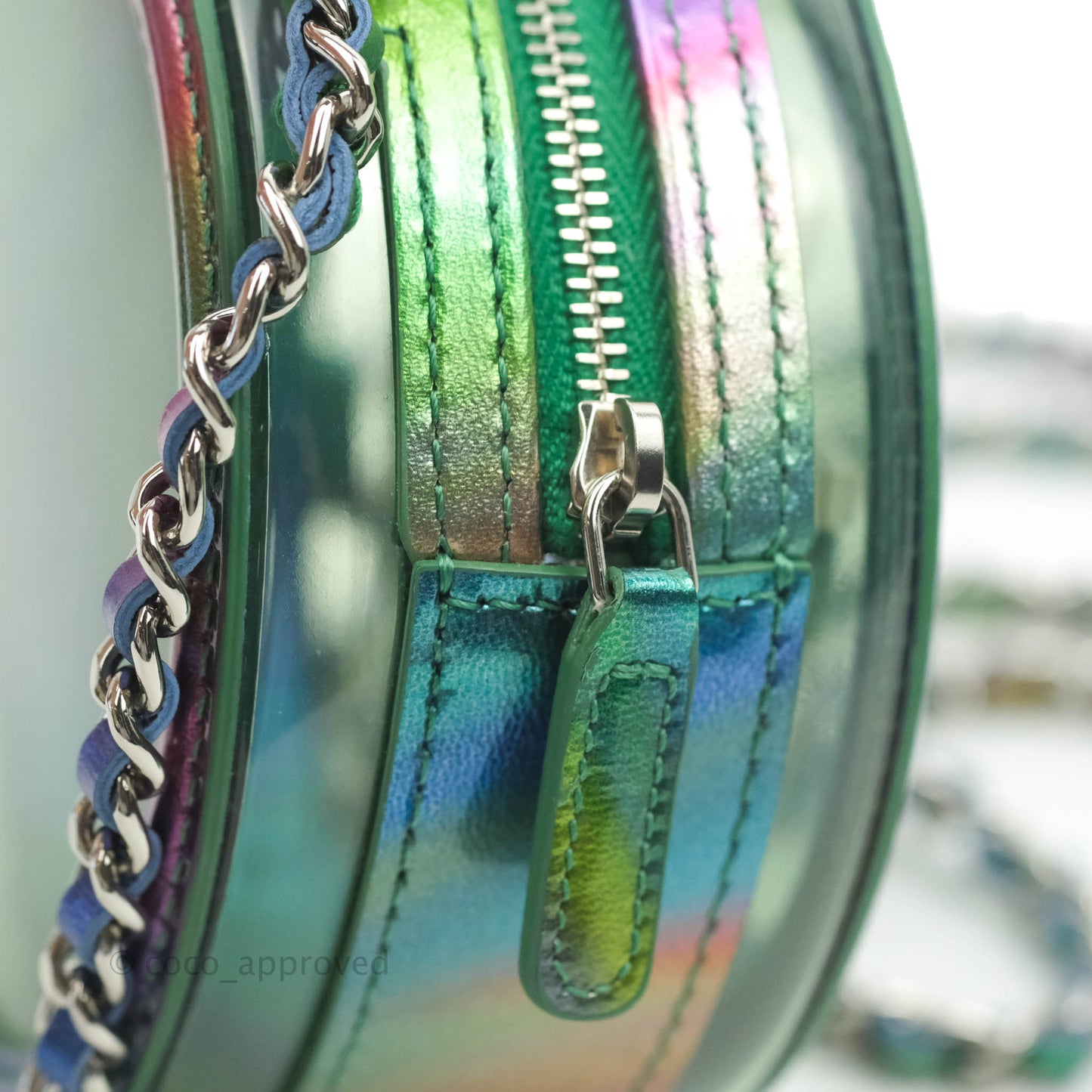 Chanel Filigree Rainbow Green PVC Round Clutch With Chain Silver Hardware 20C