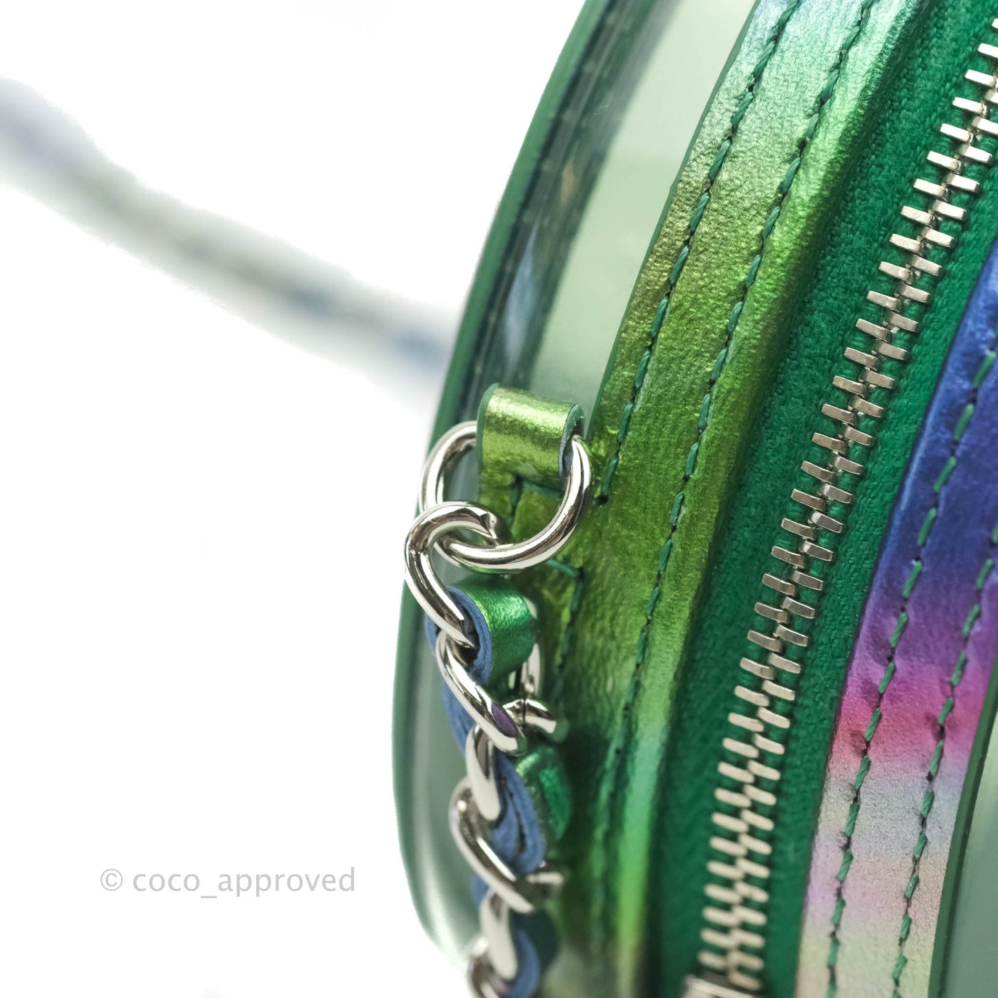 Chanel Filigree Rainbow Green PVC Round Clutch With Chain Silver Hardware 20C