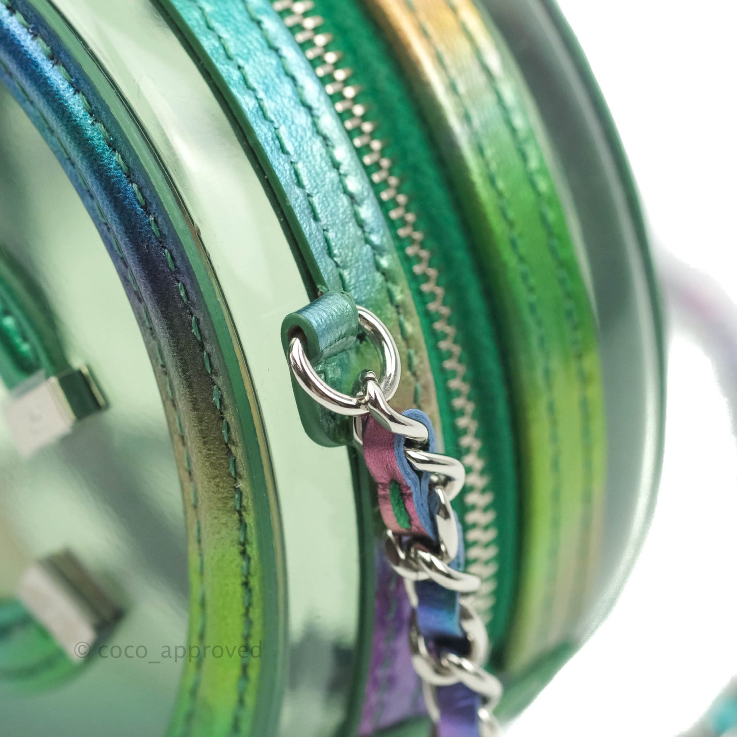 Chanel Filigree Rainbow Green PVC Round Clutch With Chain Silver Hardware 20C