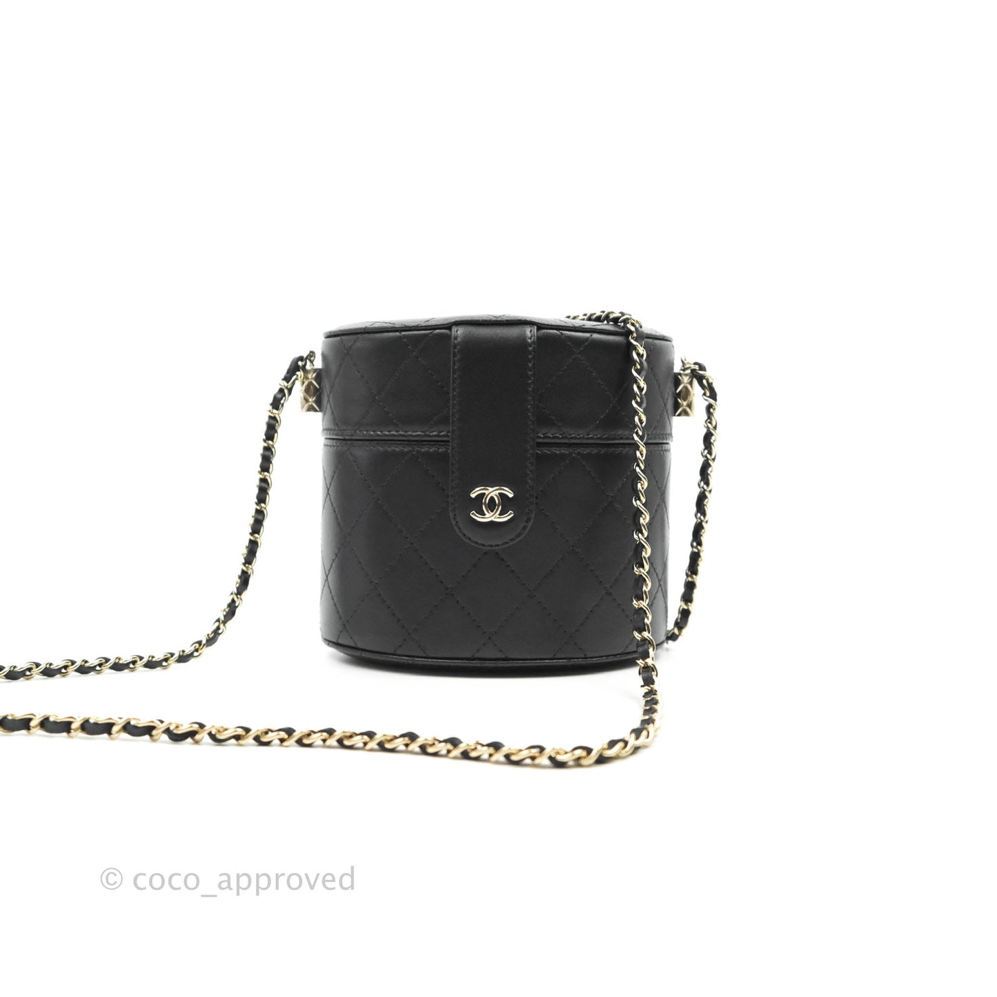 Chanel Quilted Round Vanity Clutch With Chain Black Lambskin Gold Hardware