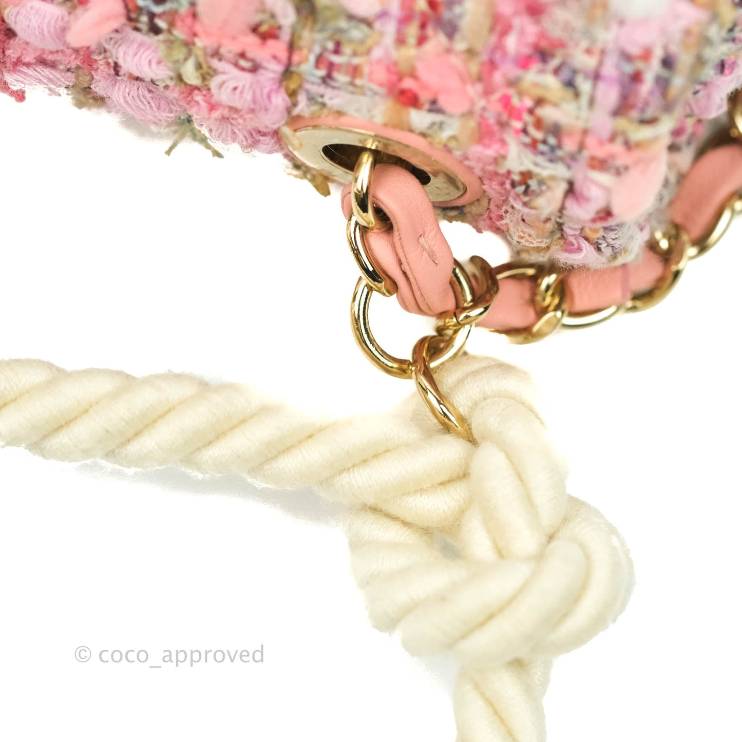 Chanel Small Pink Tweed Flap Bag With Large Pearl Handle Gold Hardware