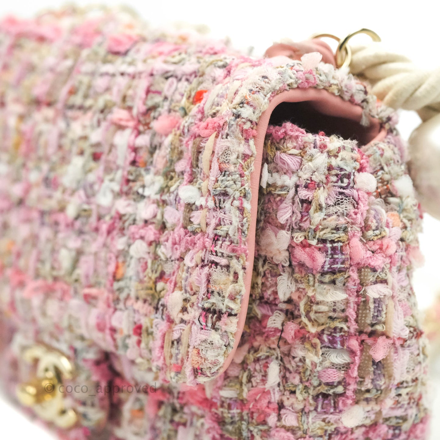 Chanel Small Pink Tweed Flap Bag With Large Pearl Handle Gold Hardware 19S
