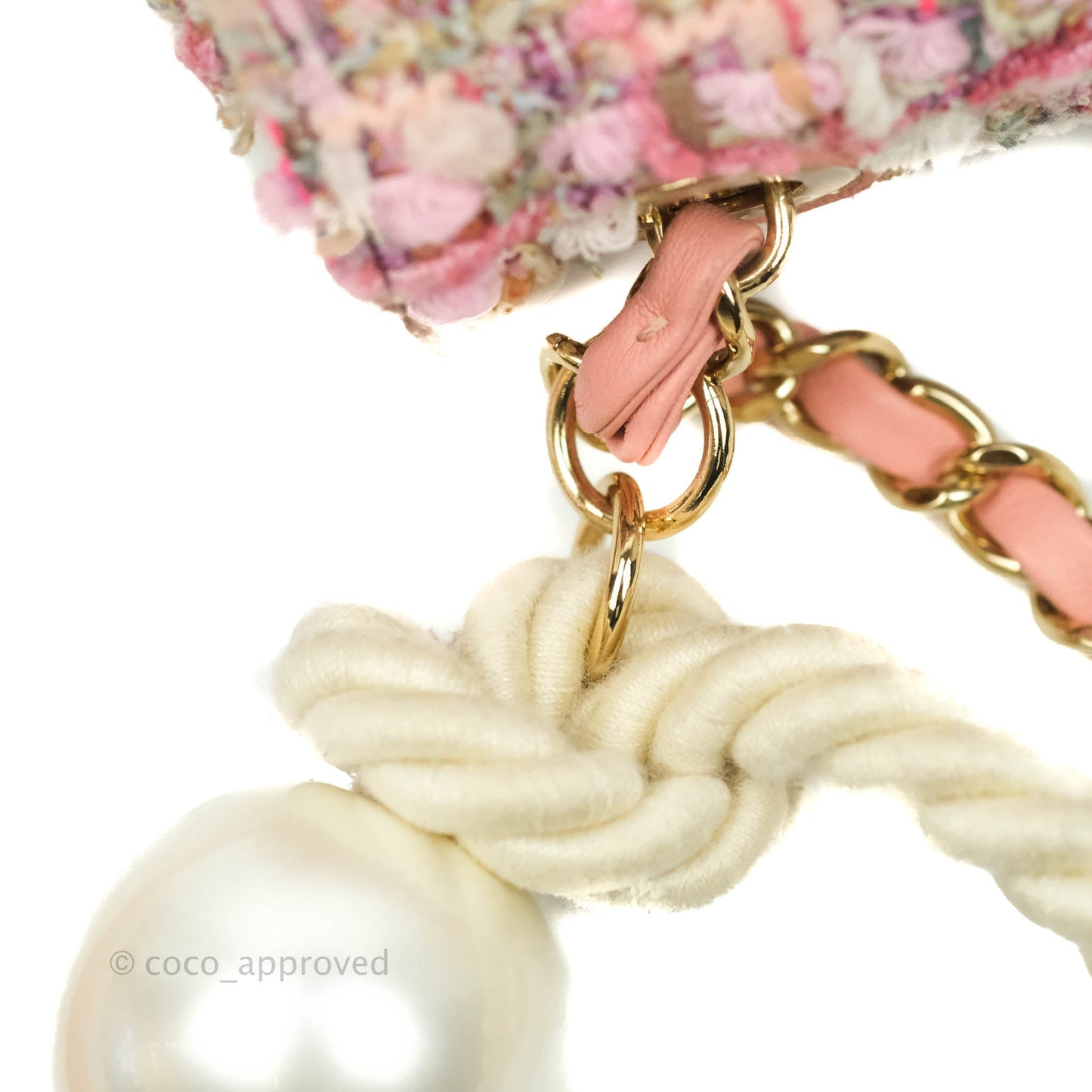 Chanel Small Pink Tweed Flap Bag With Large Pearl Handle Gold Hardware