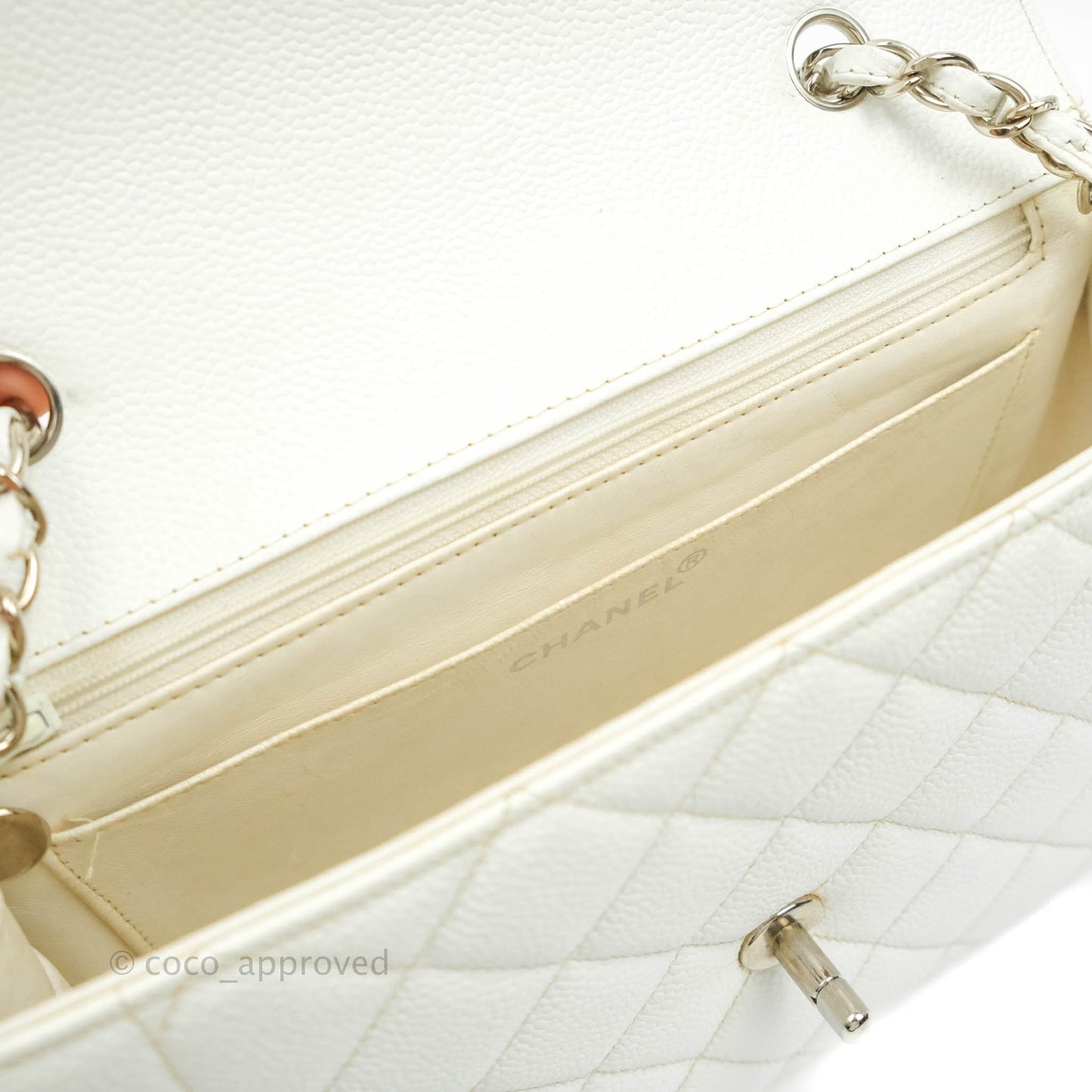 Chanel Vintage Medium Classic Quilted Diana Flap Bag White Caviar Silver Hardware