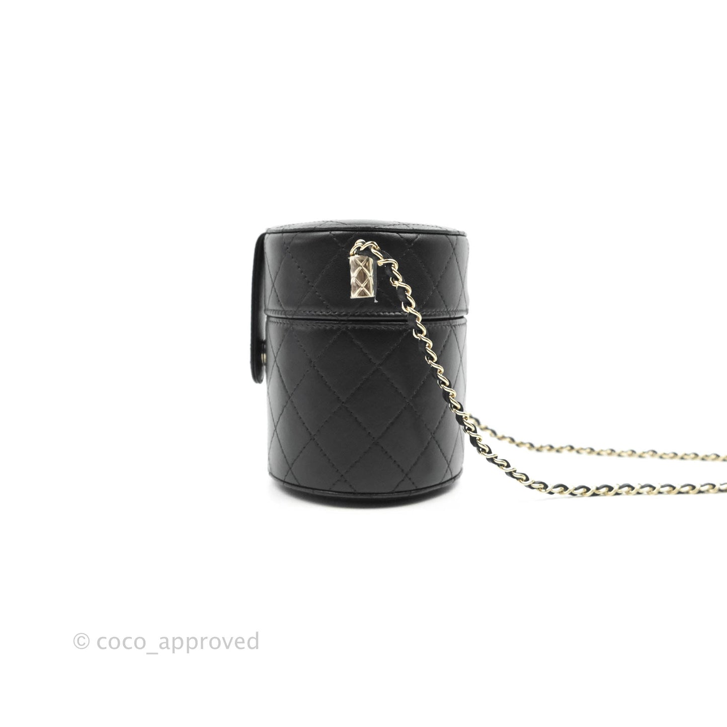 Chanel Quilted Round Vanity Clutch With Chain Black Lambskin Gold Hardware