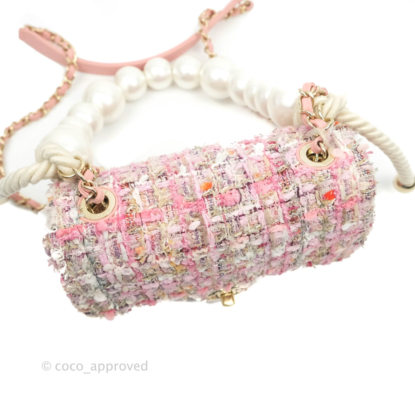 Chanel Small Pink Tweed Flap Bag With Large Pearl Handle Gold Hardware 19S