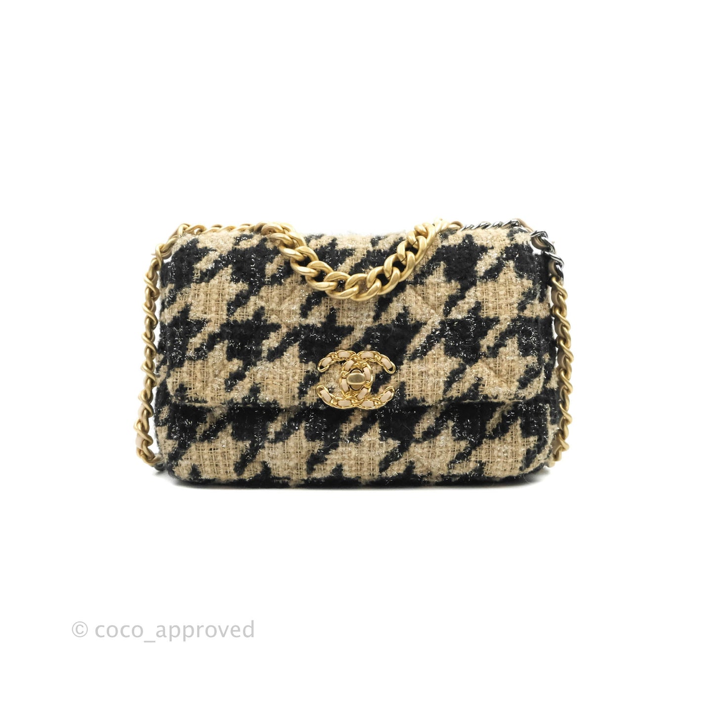 Chanel 19 Small Tweed Houndstooth Black Beige Mixed Hardware