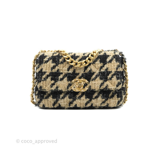 Chanel 19 Small Tweed Houndstooth Black Beige Mixed Hardware