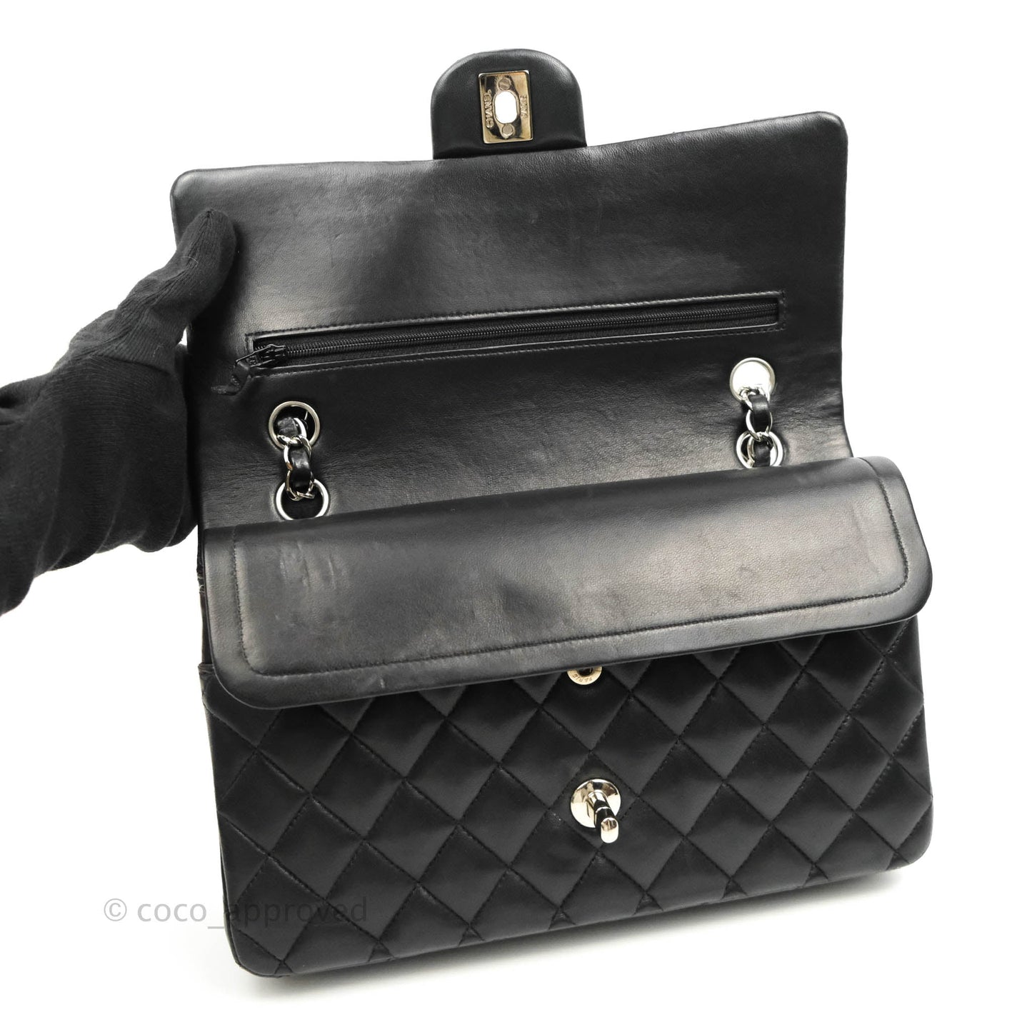 Chanel Classic M/L Medium Double Flap Black Lambskin Silver Hardware