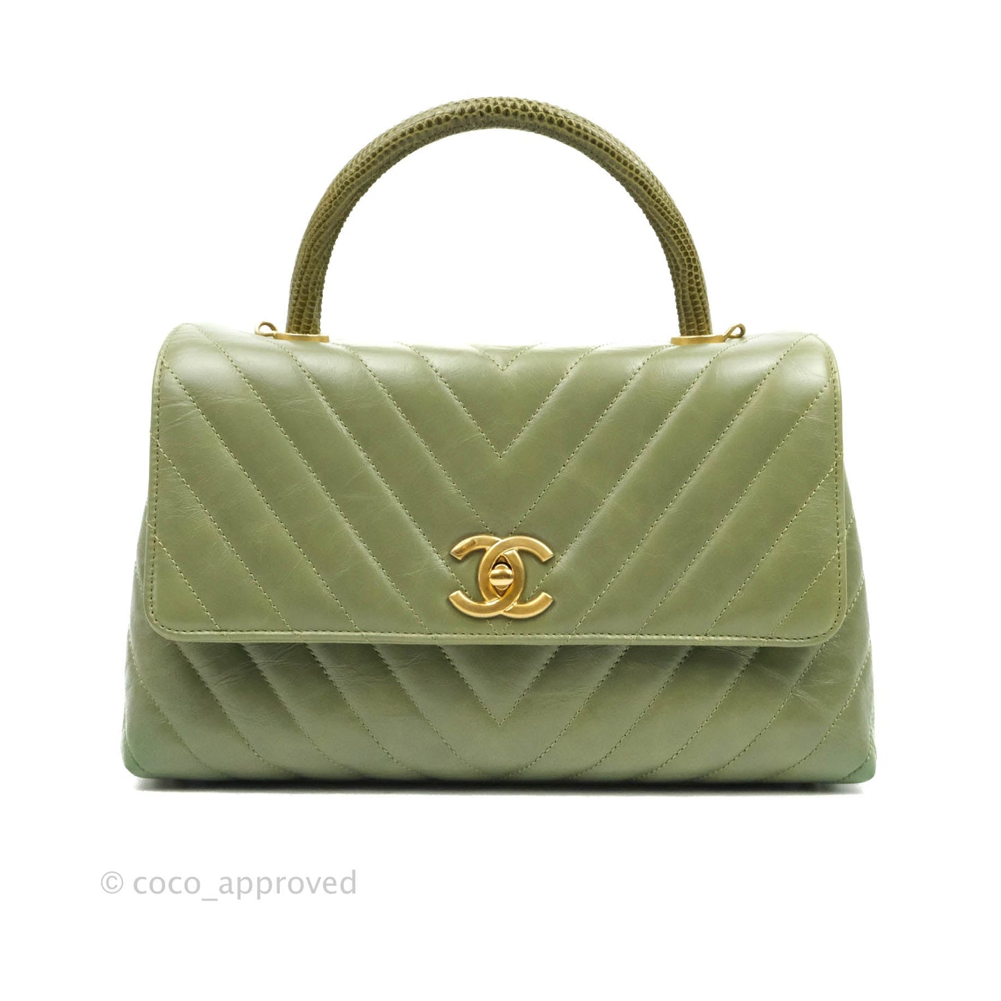 Chanel Medium (Small) Chevron Coco Handle Flap Olive Crumpled Calfskin Aged Gold Hardware Lizard Handle