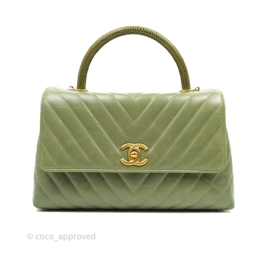Chanel Medium (Small) Chevron Coco Handle Flap Olive Crumpled Calfskin Aged Gold Hardware Lizard Handle
